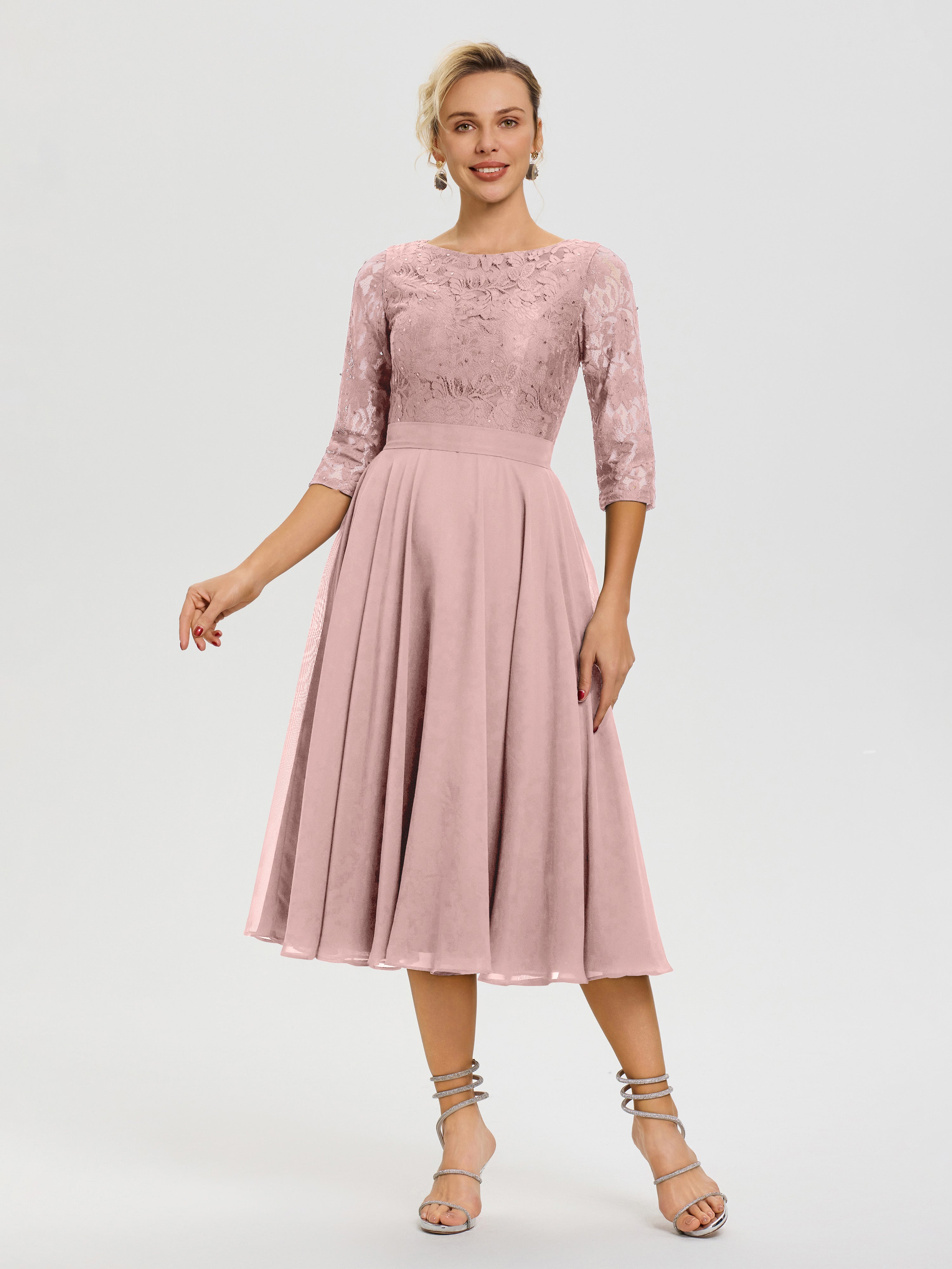 Robe Mere Dela Mariee Rose Poudré Col Rond Mousseline & Dentelle Robe Mère De La Mariée