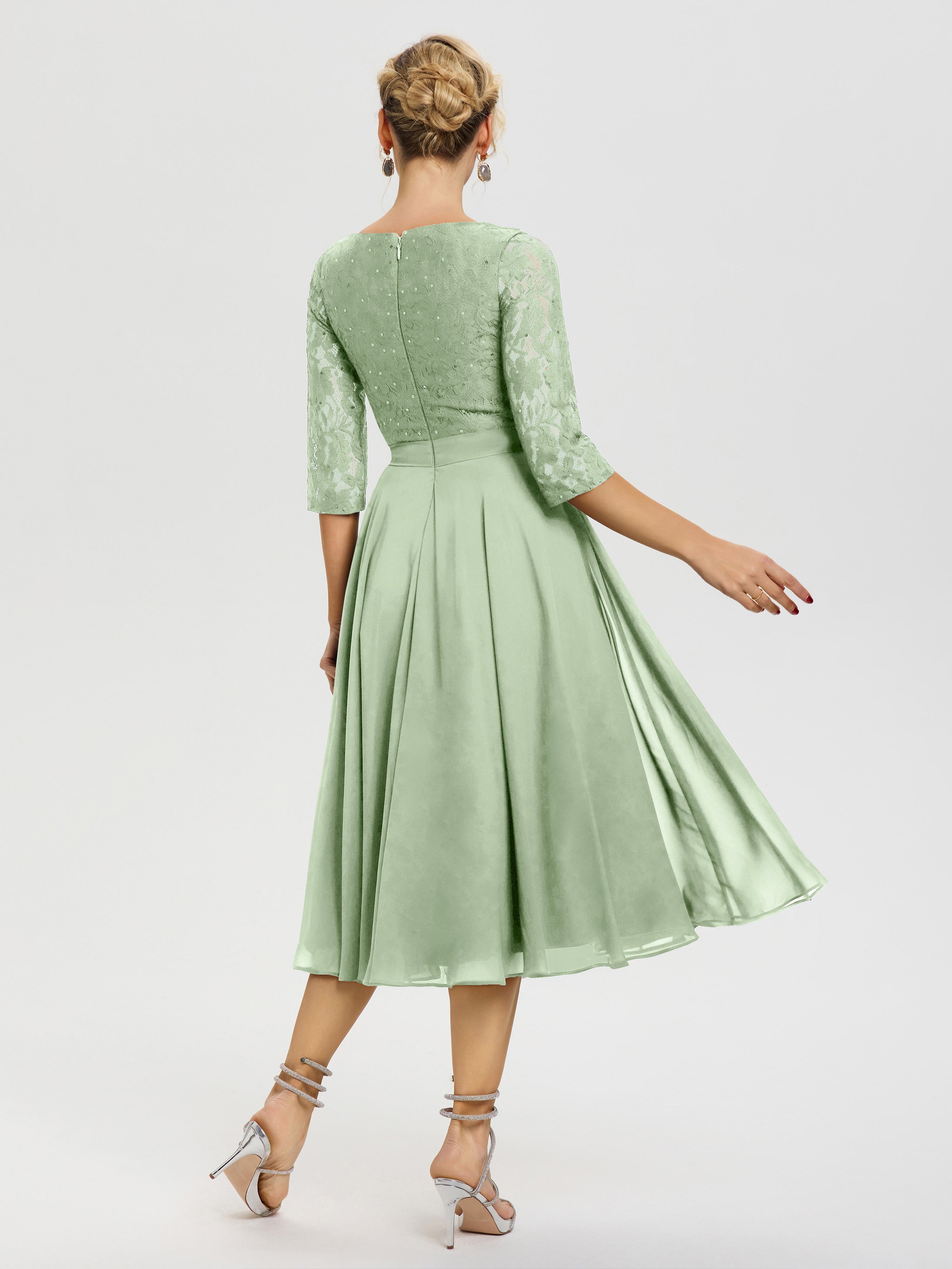 Robe Mariage Mère De La Mariée Sauge Poudrée Col Rond Mousseline & Dentelle Robe Mère De La Mariée