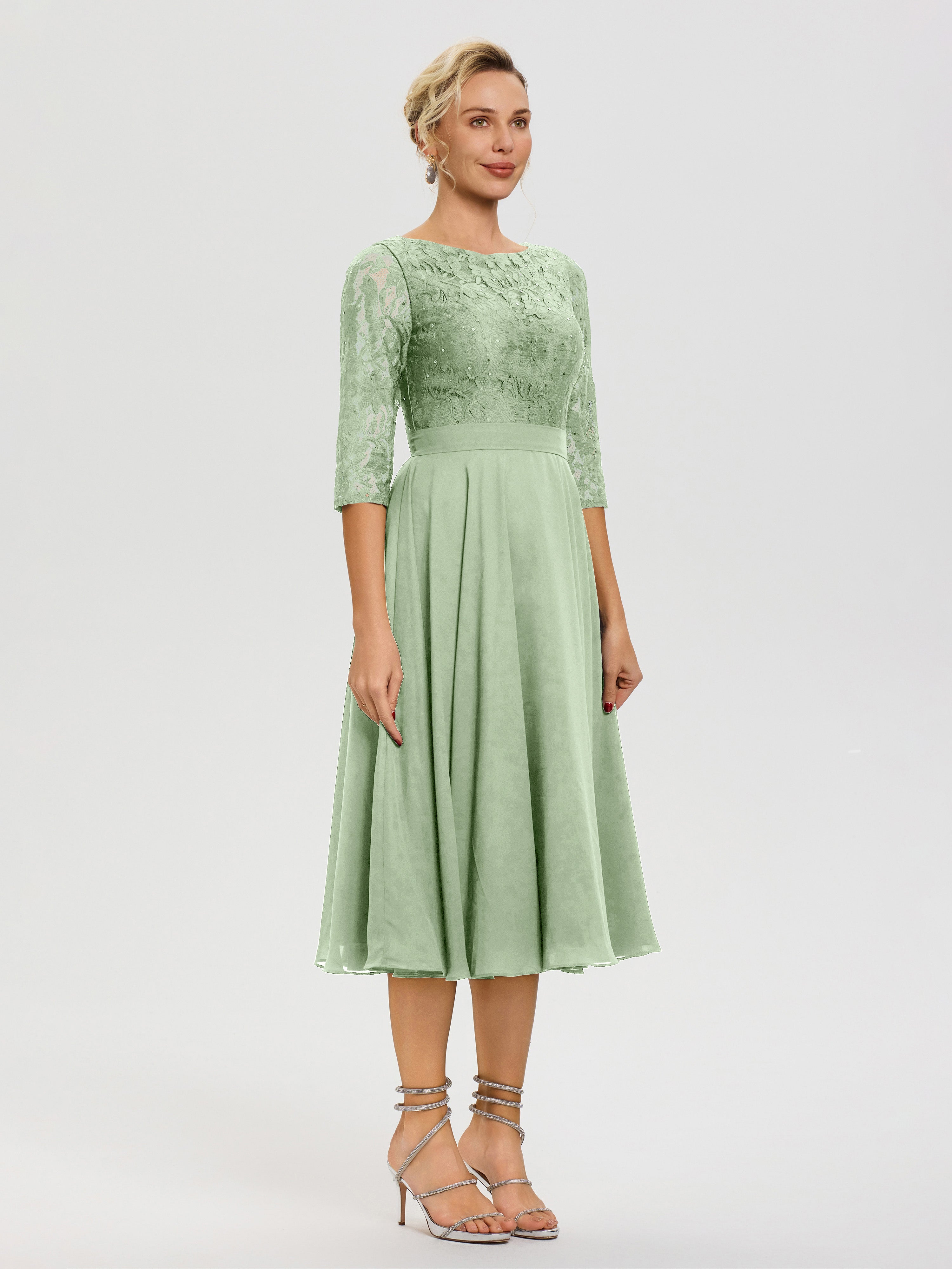 Robe Mariage Mère De La Mariée Sauge Poudrée Col Rond Mousseline & Dentelle Robe Mère De La Mariée