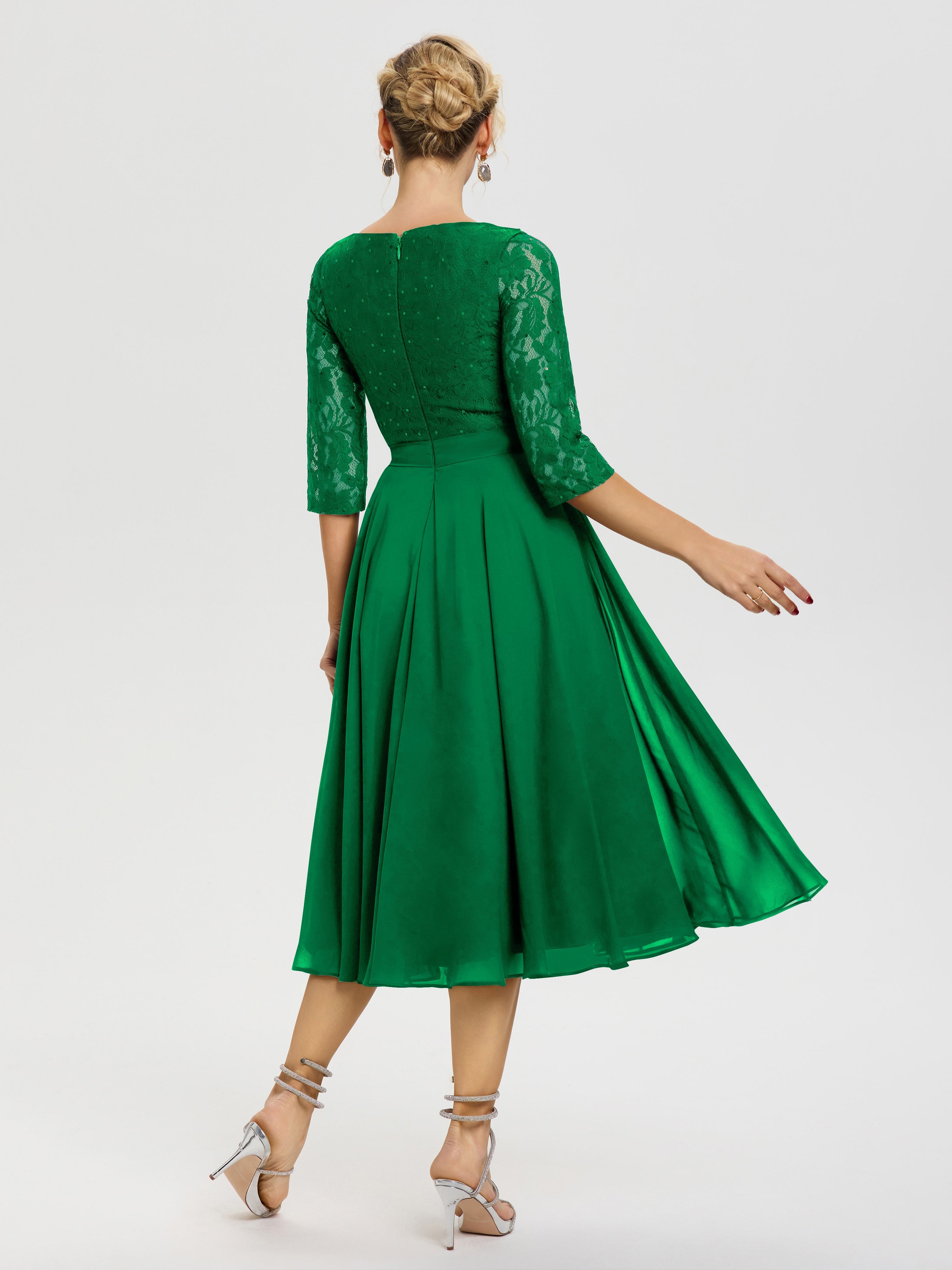 Robe De La Mère Du Marié Emeraude Col Rond Mousseline & Dentelle Robe Mère De La Mariée