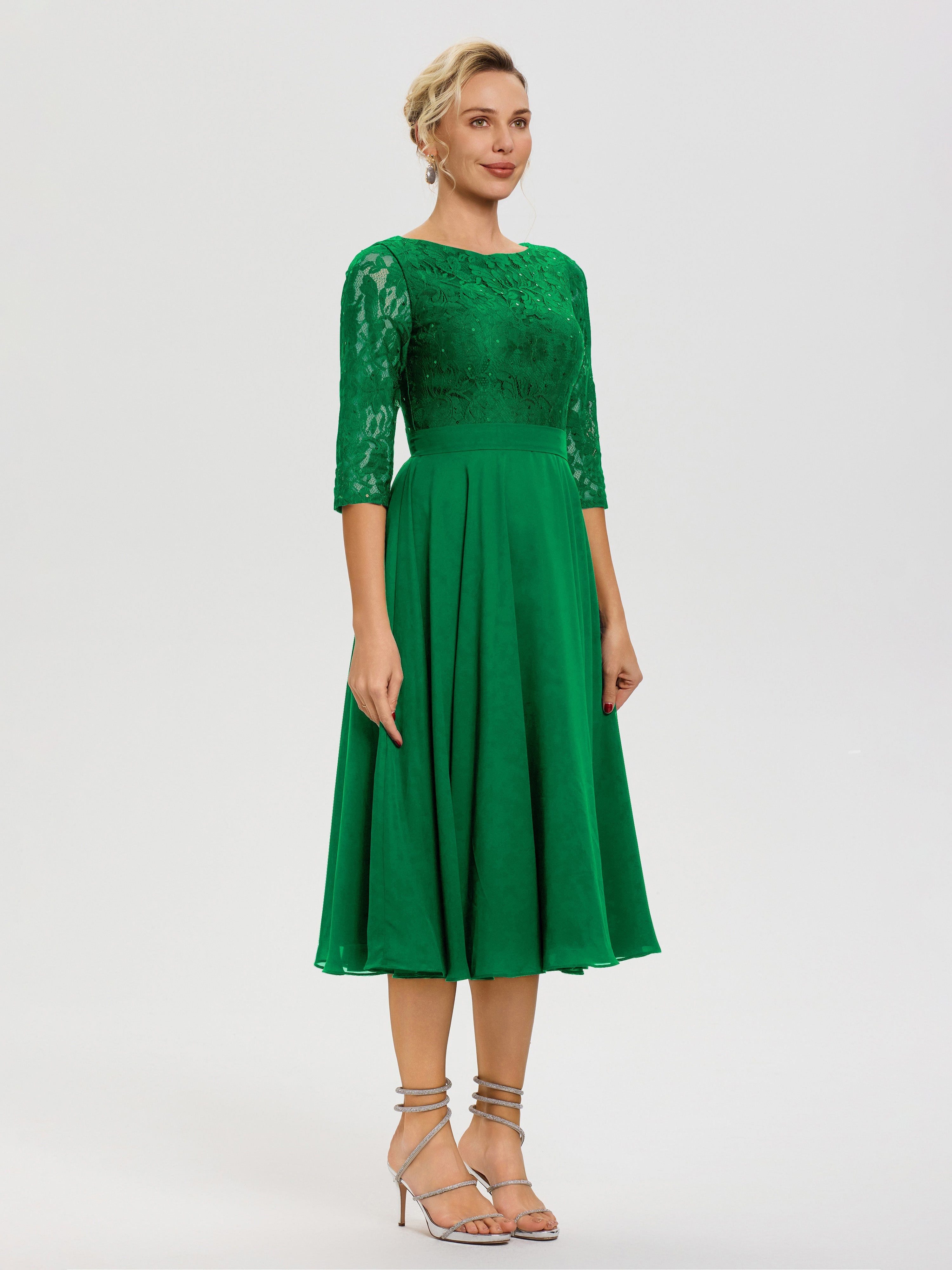 Robe De La Mère Du Marié Emeraude Col Rond Mousseline & Dentelle Robe Mère De La Mariée