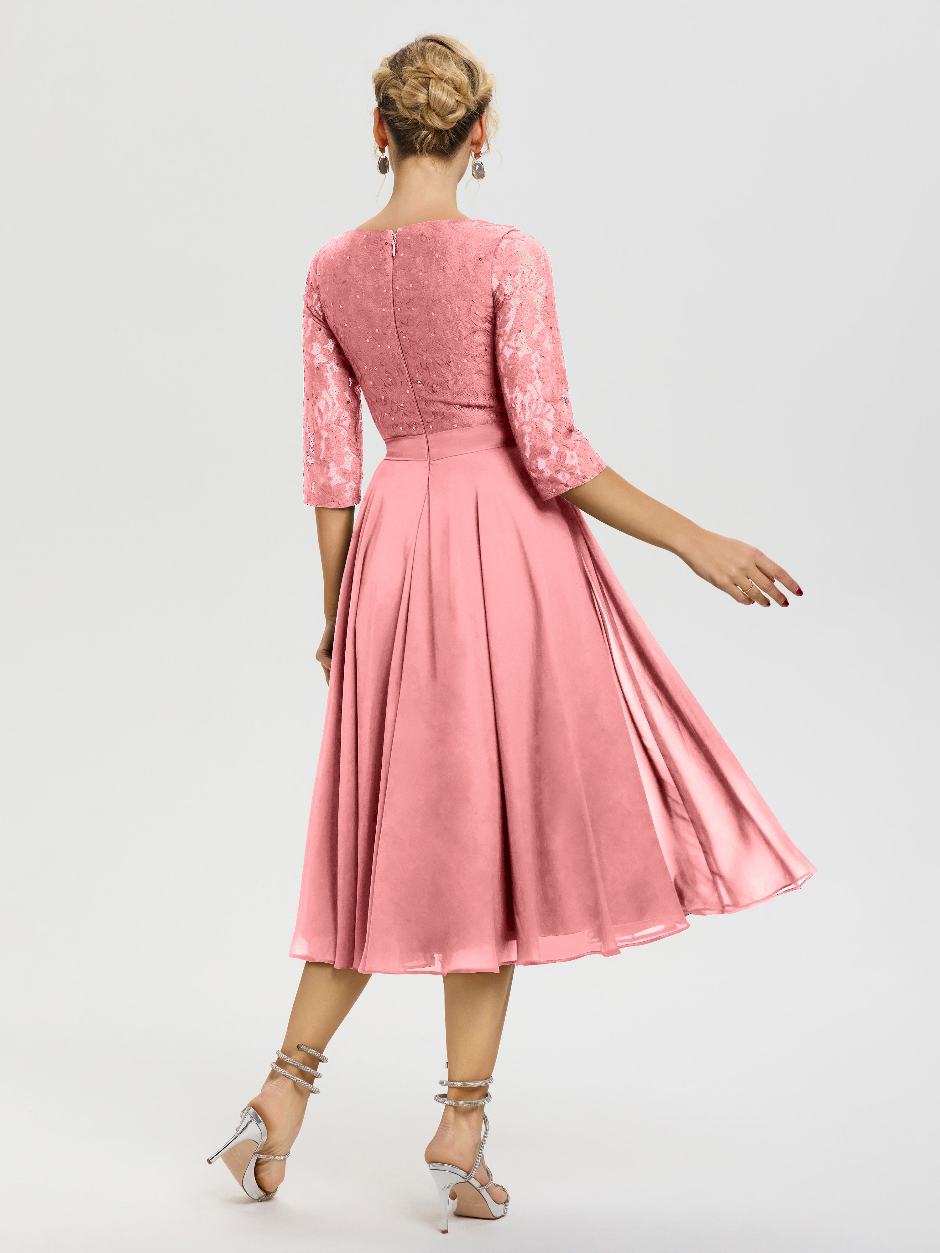 Robe De La Mère Du Marié Flamant Col Rond Mousseline & Dentelle Robe Mère De La Mariée