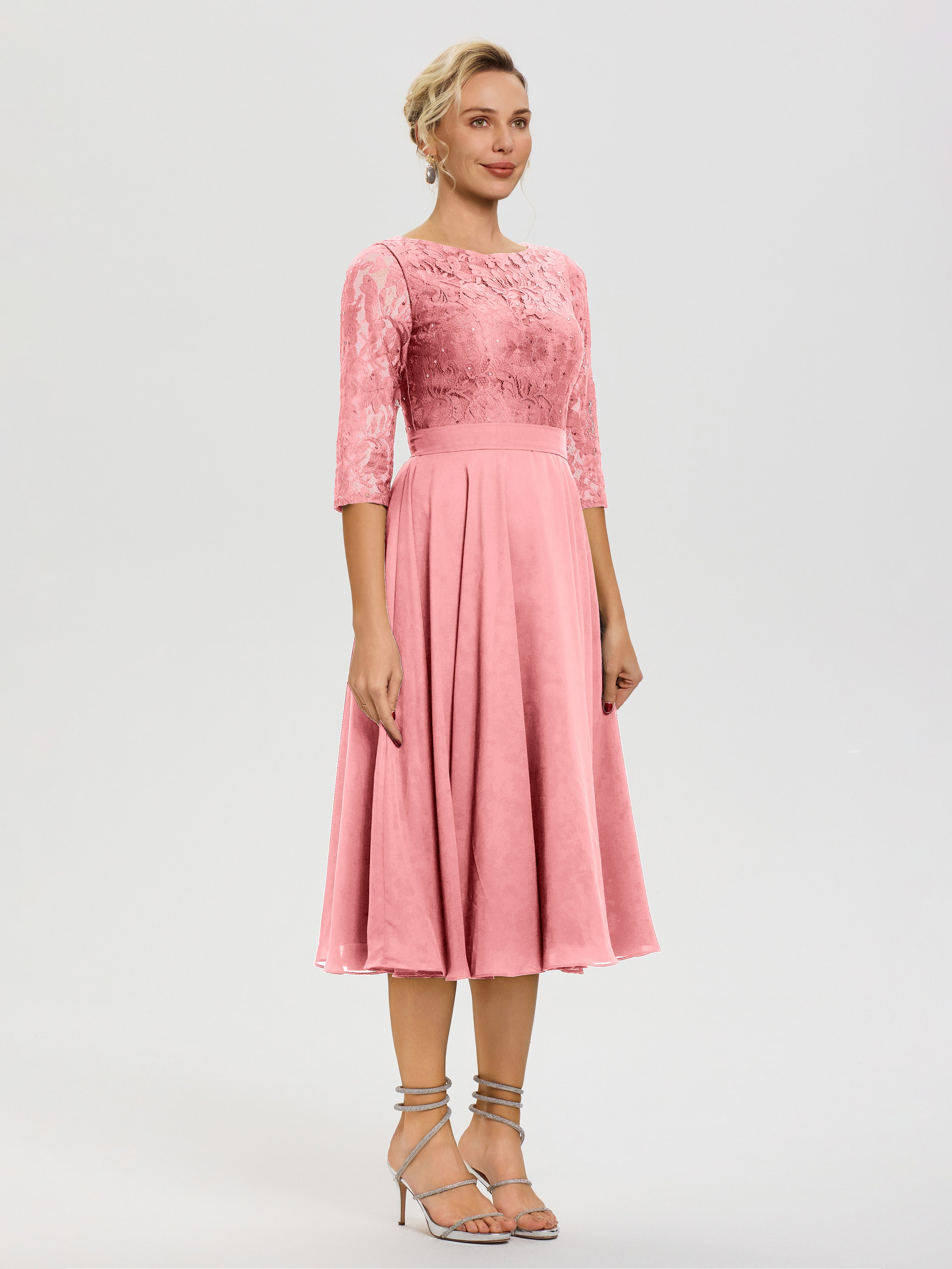 Robe De La Mère Du Marié Flamant Col Rond Mousseline & Dentelle Robe Mère De La Mariée