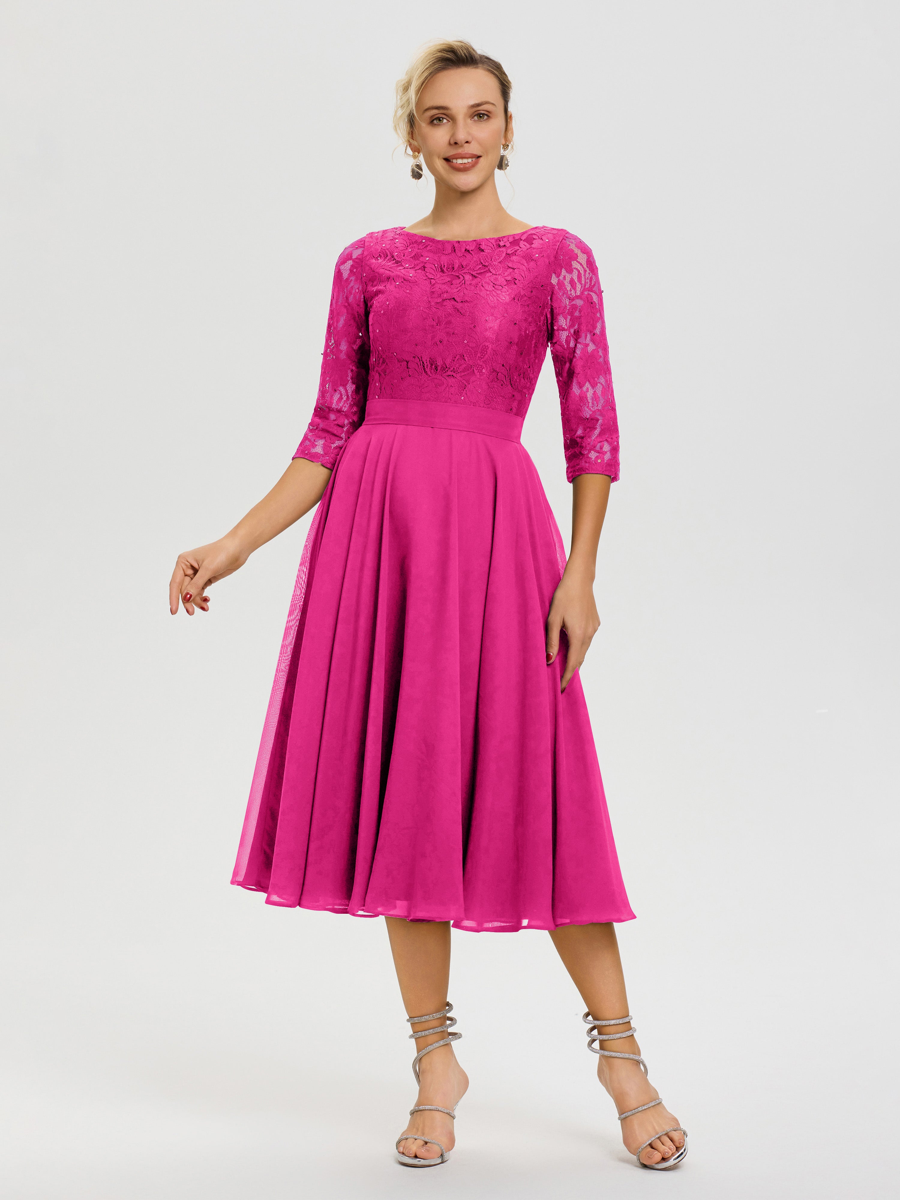 Robe De La Mère Du Marié Fuchsia Col Rond Mousseline & Dentelle Robe Mère De La Mariée