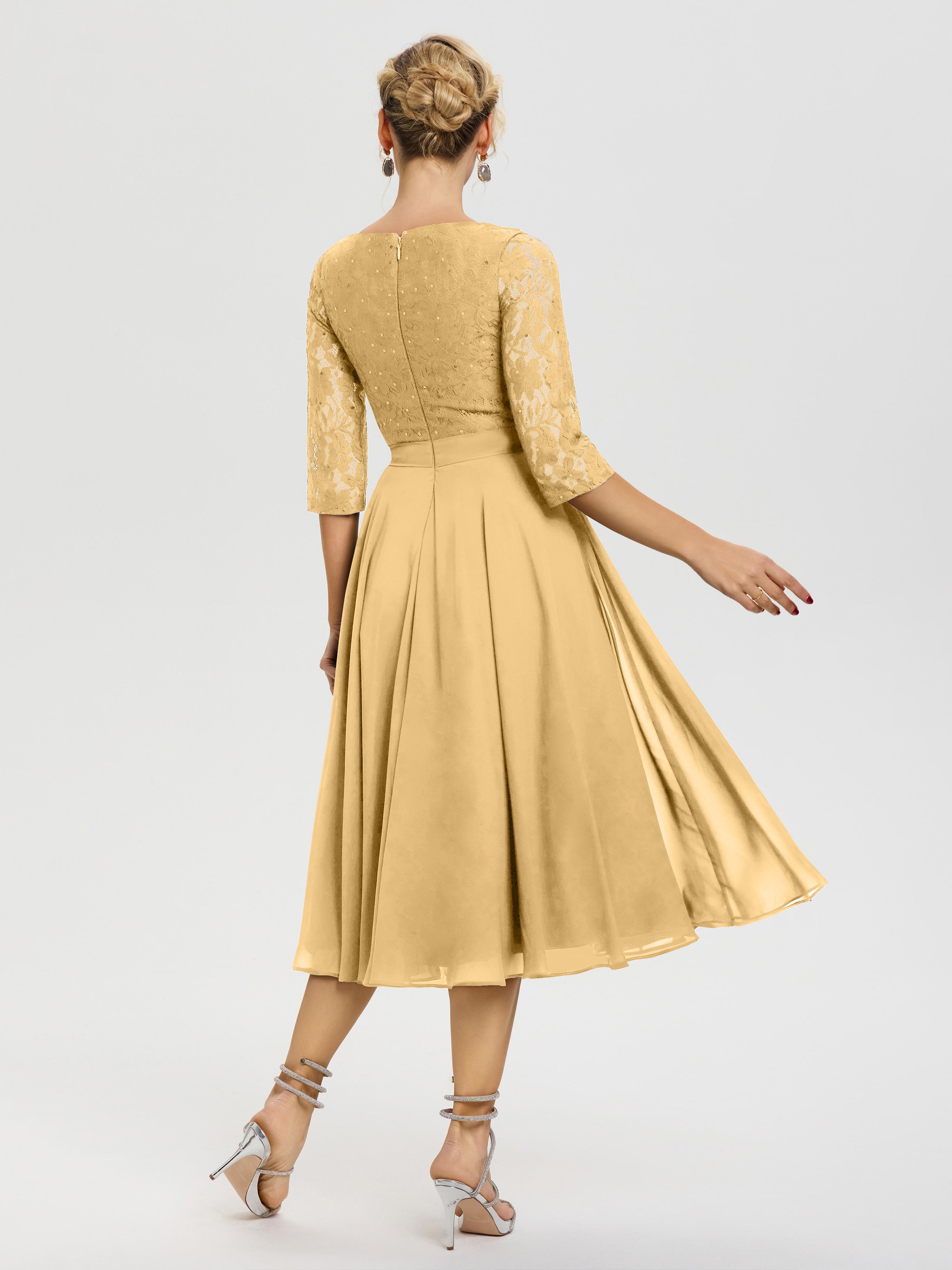 Robe De La Mère Du Marié Or Col Rond Mousseline & Dentelle Robe Mère De La Mariée