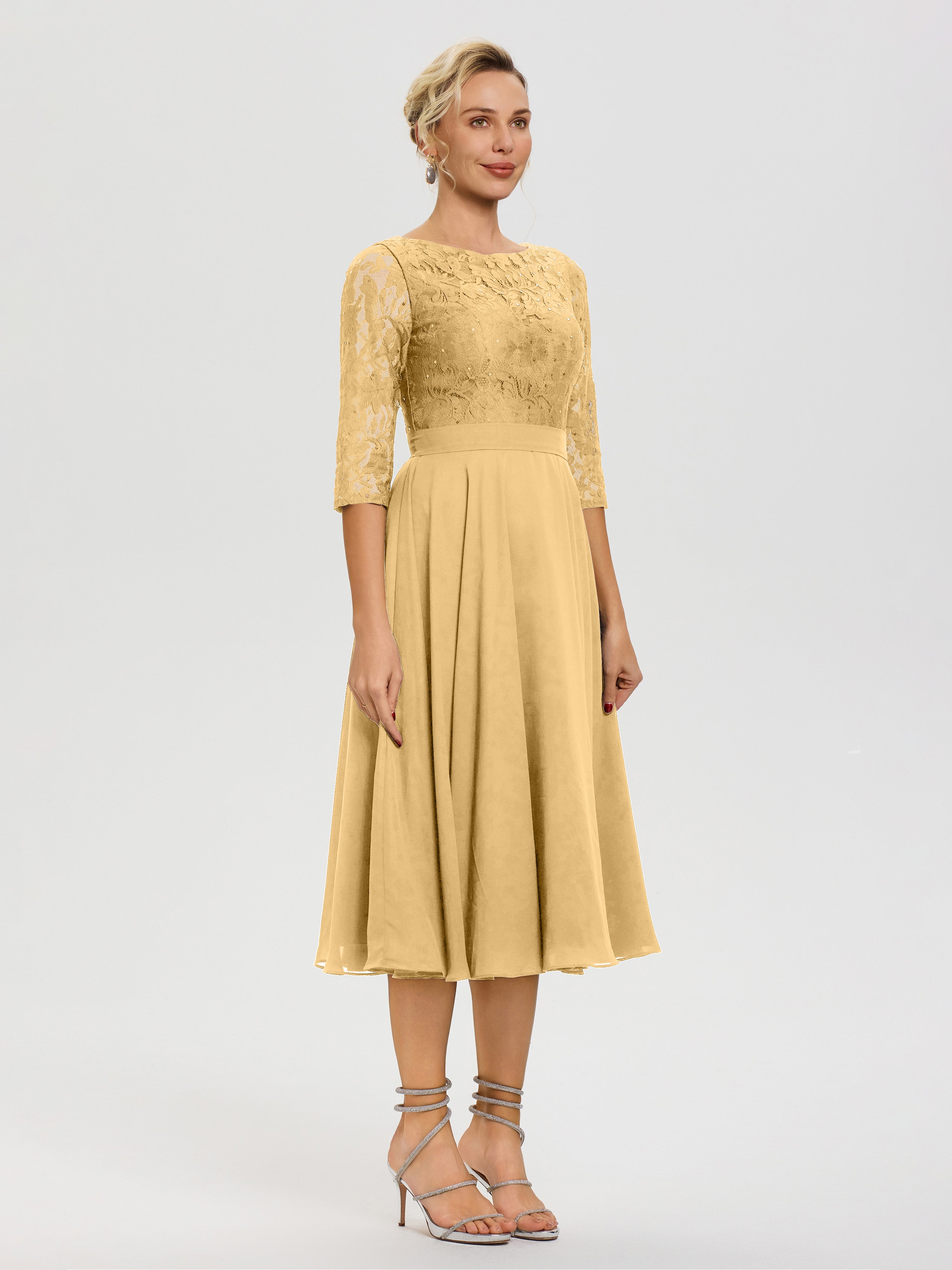 Robe De La Mère Du Marié Or Col Rond Mousseline & Dentelle Robe Mère De La Mariée