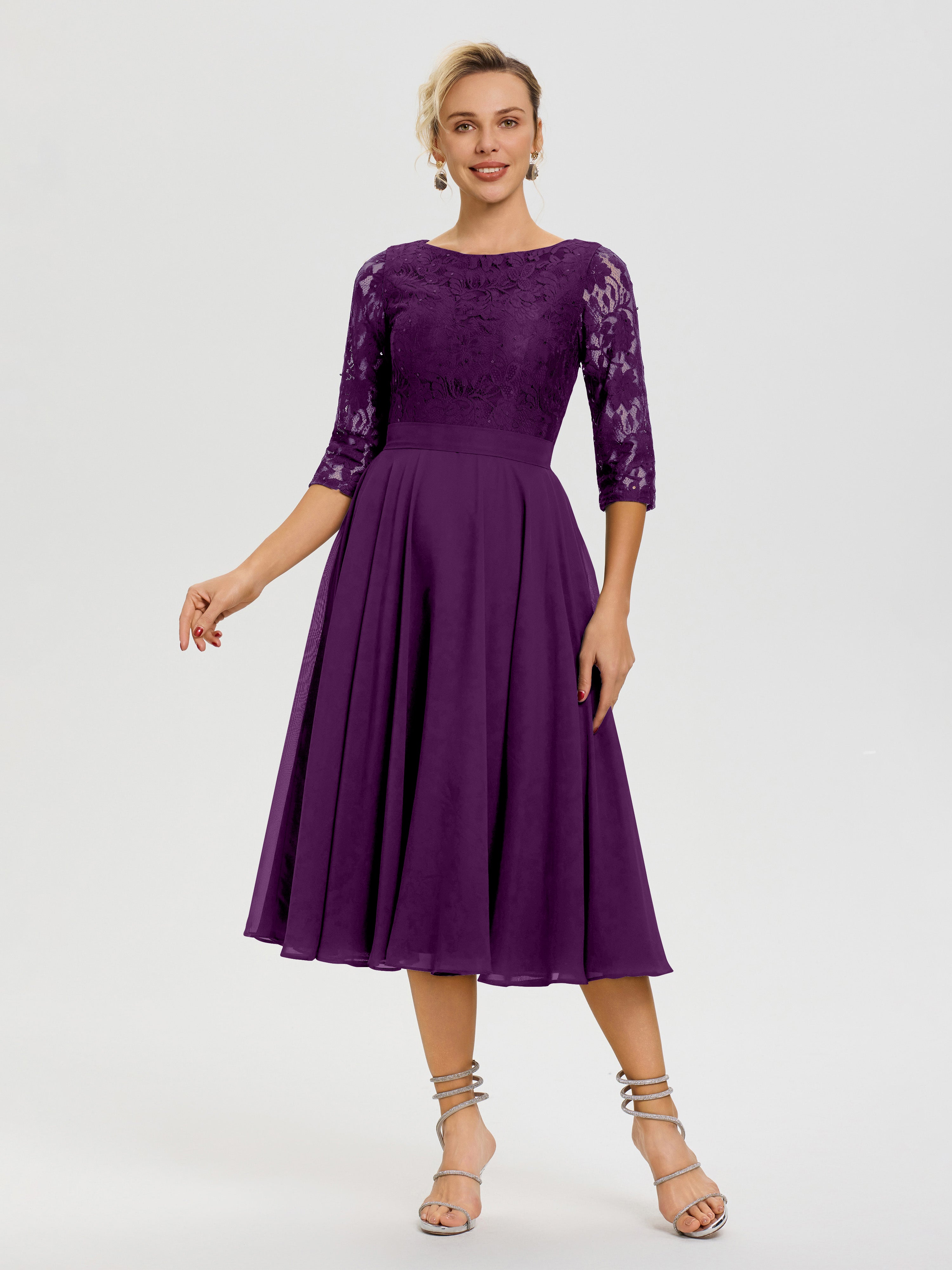 Robe Mariage Mère De La Mariée Raisin Col Rond Mousseline & Dentelle Robe Mère De La Mariée