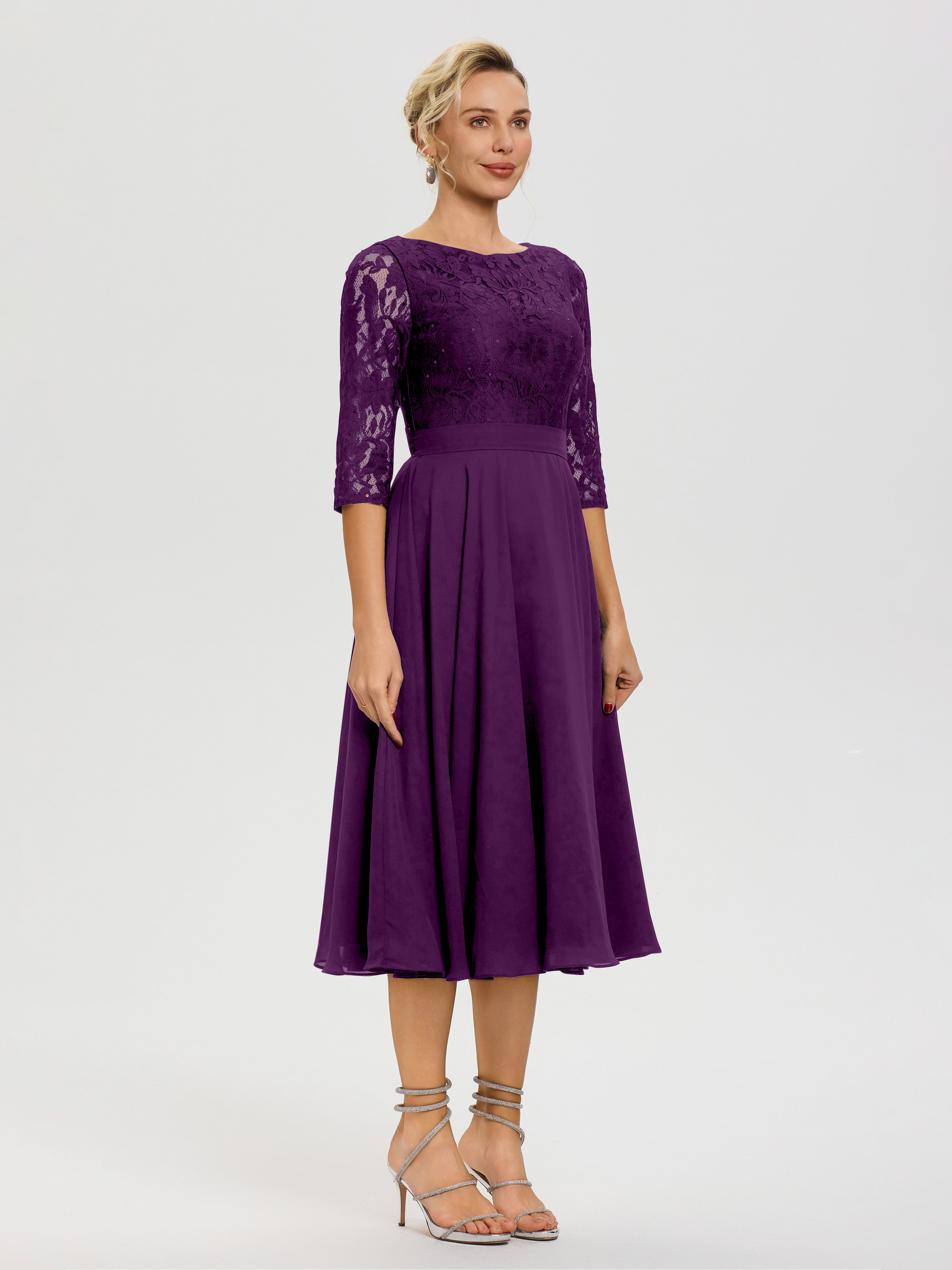 Robe Mariage Mère De La Mariée Raisin Col Rond Mousseline & Dentelle Robe Mère De La Mariée