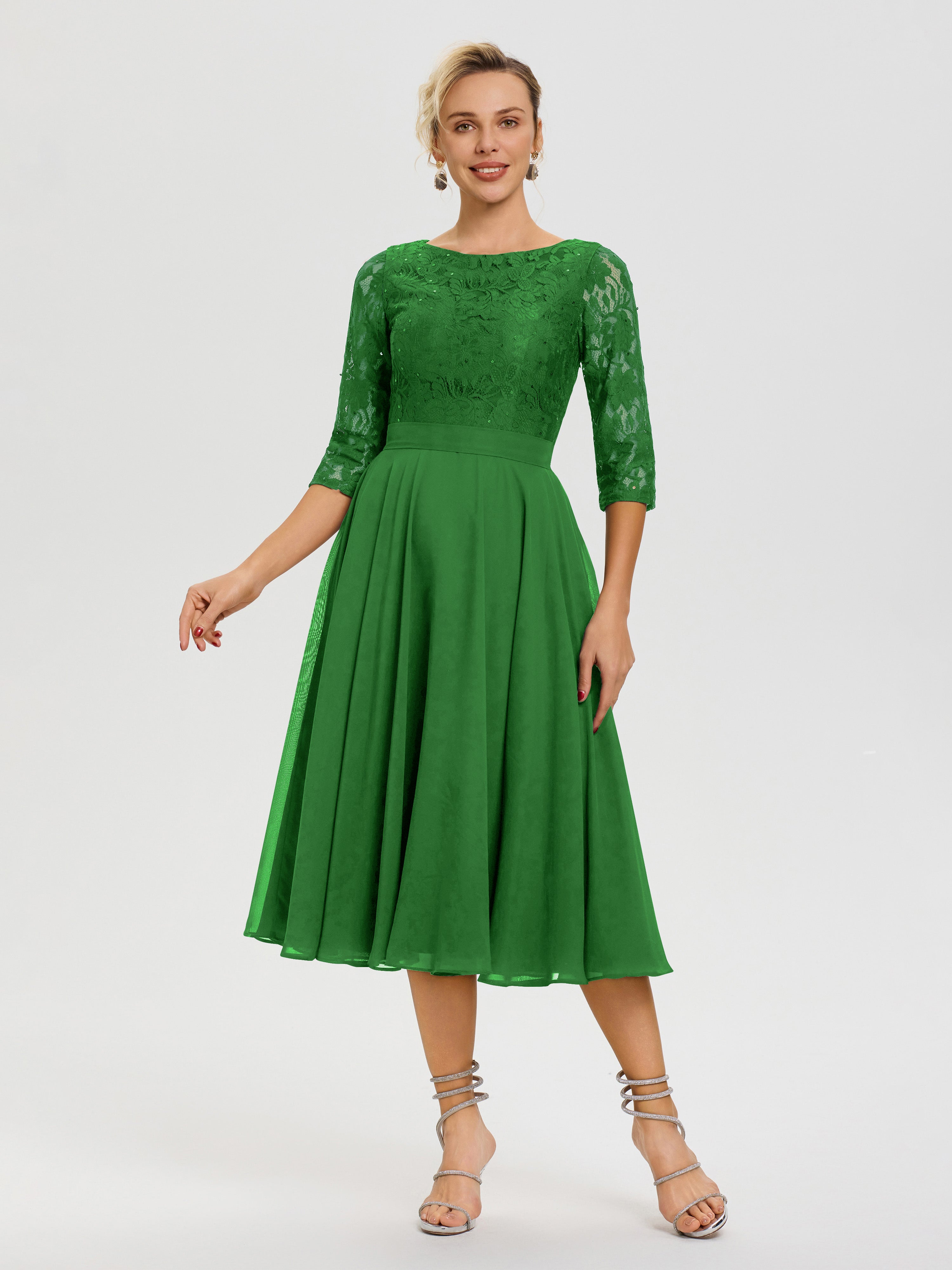 Robe Mere De La Mariee Verte Col Rond Mousseline & Dentelle Robe Mère De La Mariée