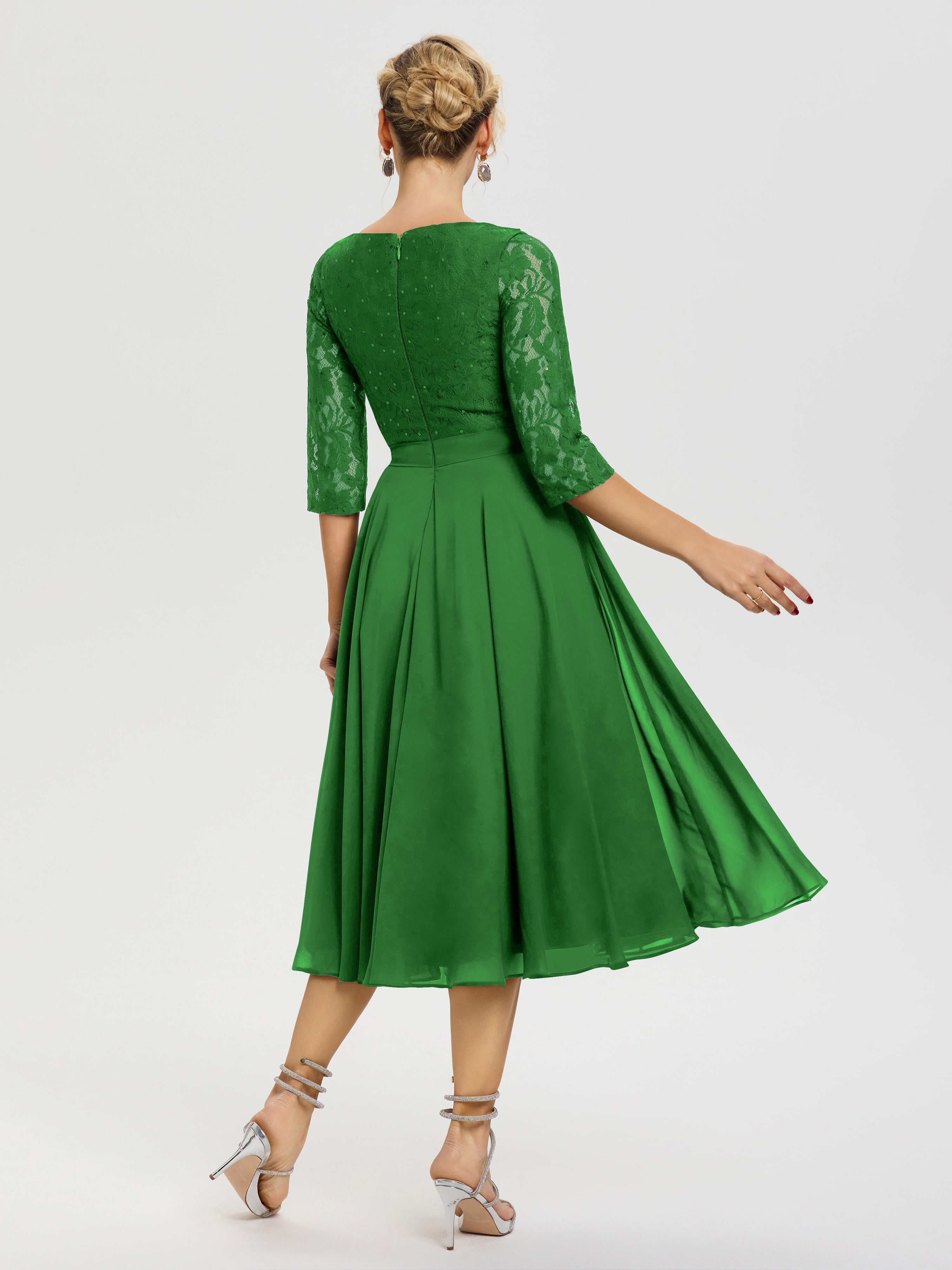 Robe Mere De La Mariee Verte Col Rond Mousseline & Dentelle Robe Mère De La Mariée
