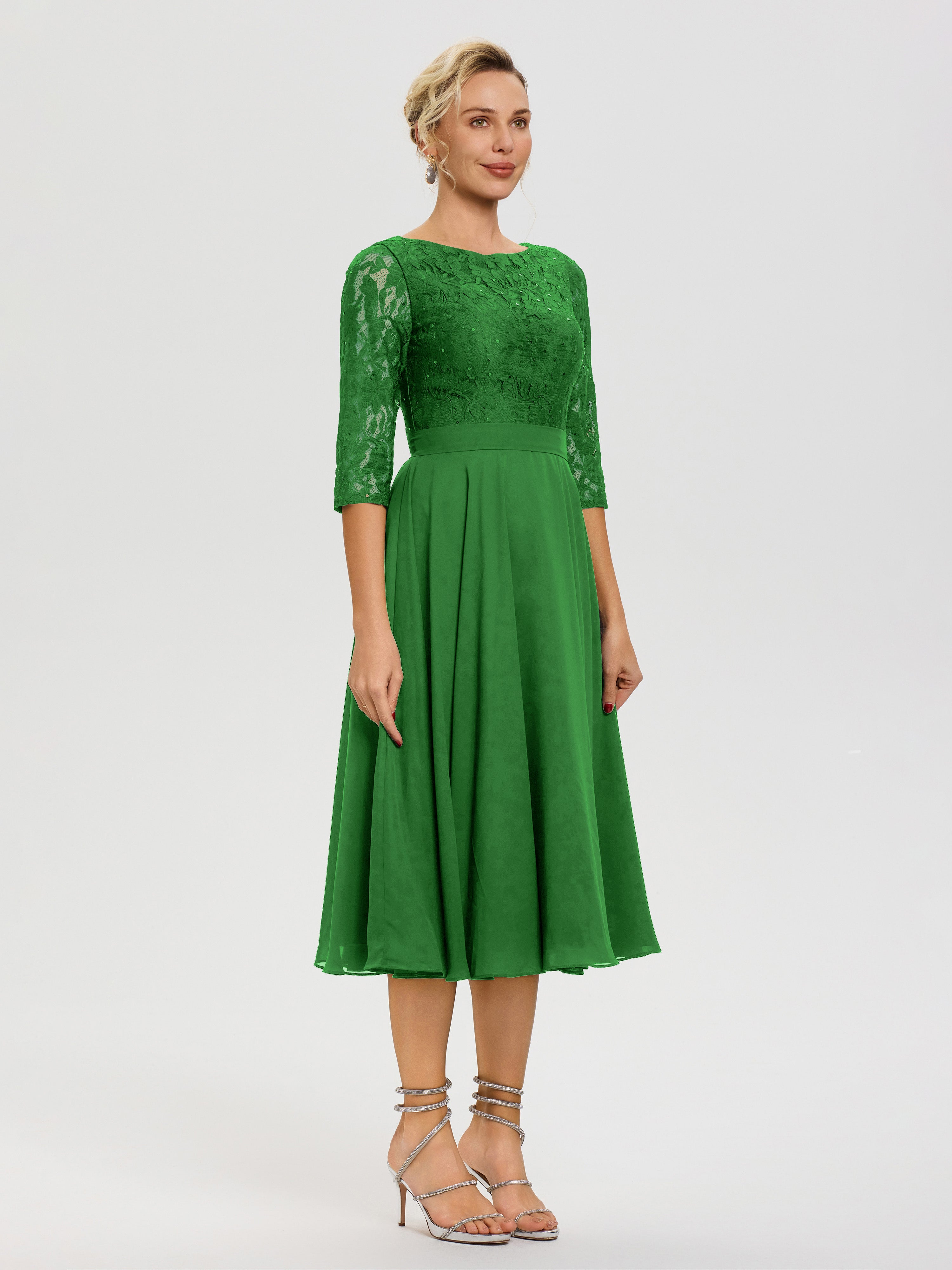 Robe Mere De La Mariee Verte Col Rond Mousseline & Dentelle Robe Mère De La Mariée