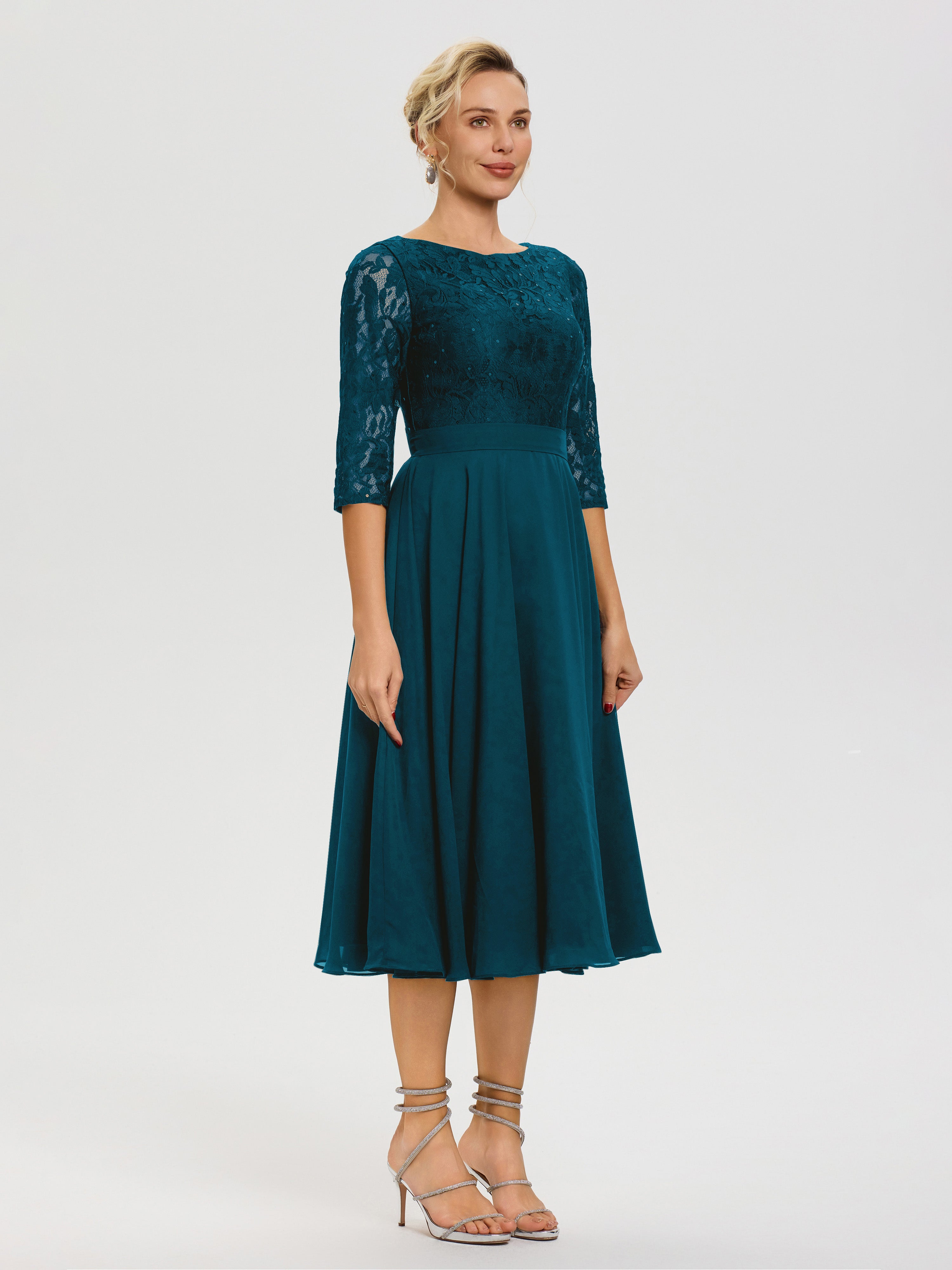 Robe Mere Dela Mariee Bleu Encre Col Rond Mousseline & Dentelle Robe Mère De La Mariée