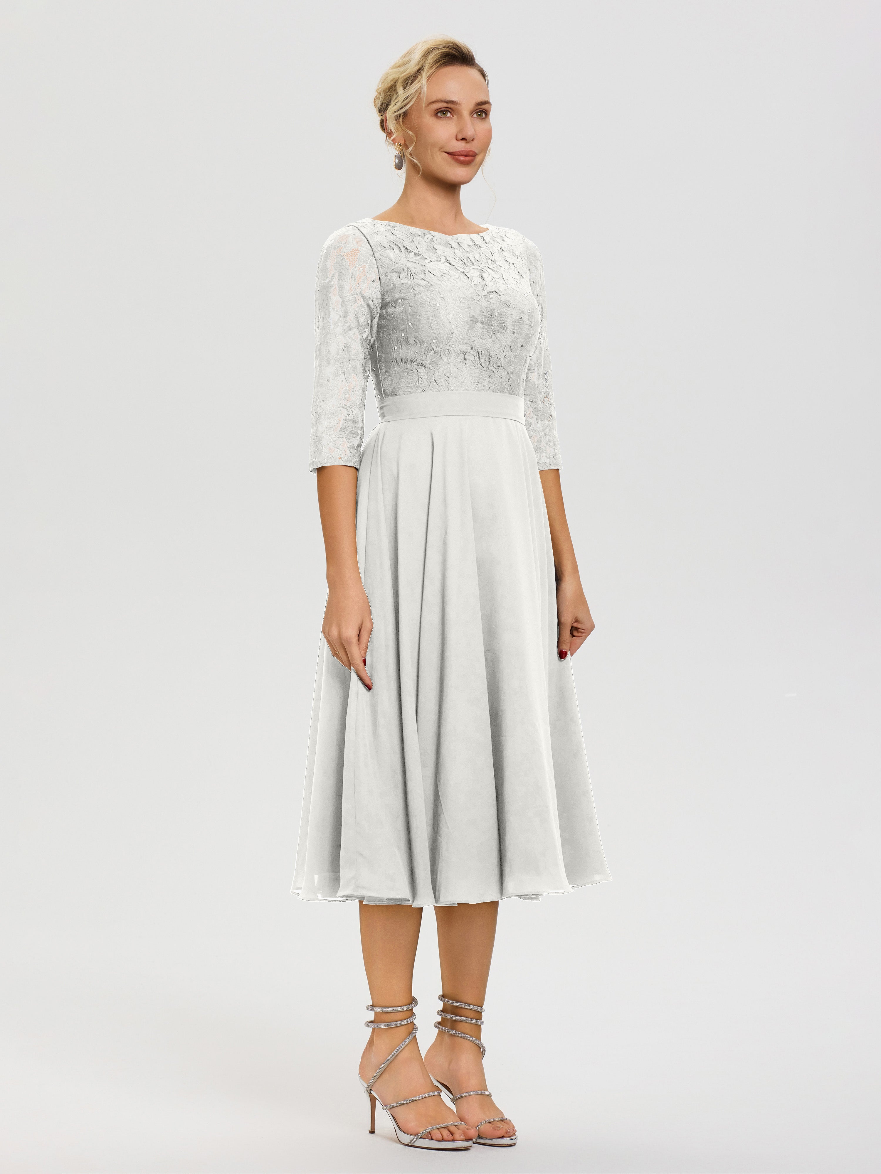 Robe De La Mère Du Marié Ivoire Col Rond Mousseline & Dentelle Robe Mère De La Mariée