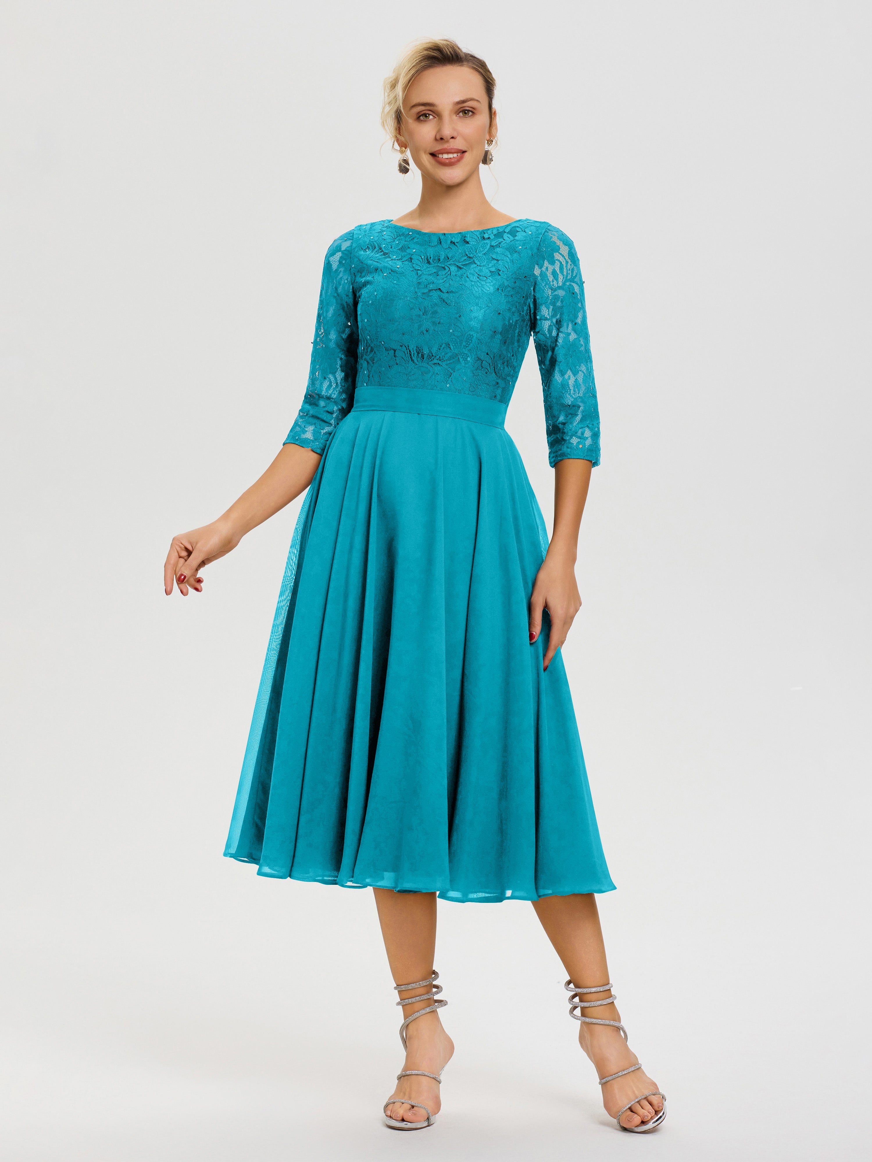 Robe De La Mère Du Marié Jade Col Rond Mousseline & Dentelle Robe Mère De La Mariée