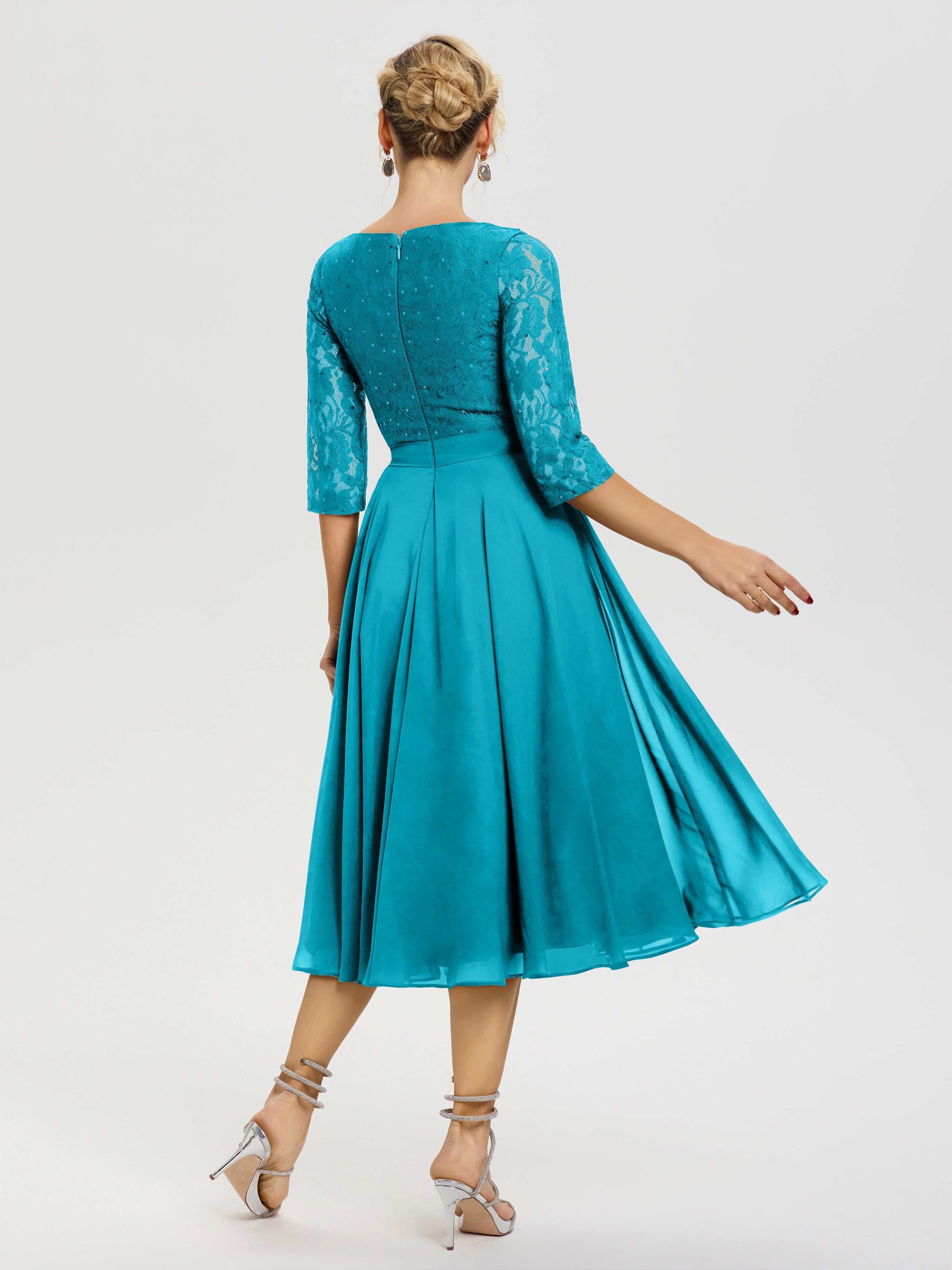 Robe De La Mère Du Marié Jade Col Rond Mousseline & Dentelle Robe Mère De La Mariée