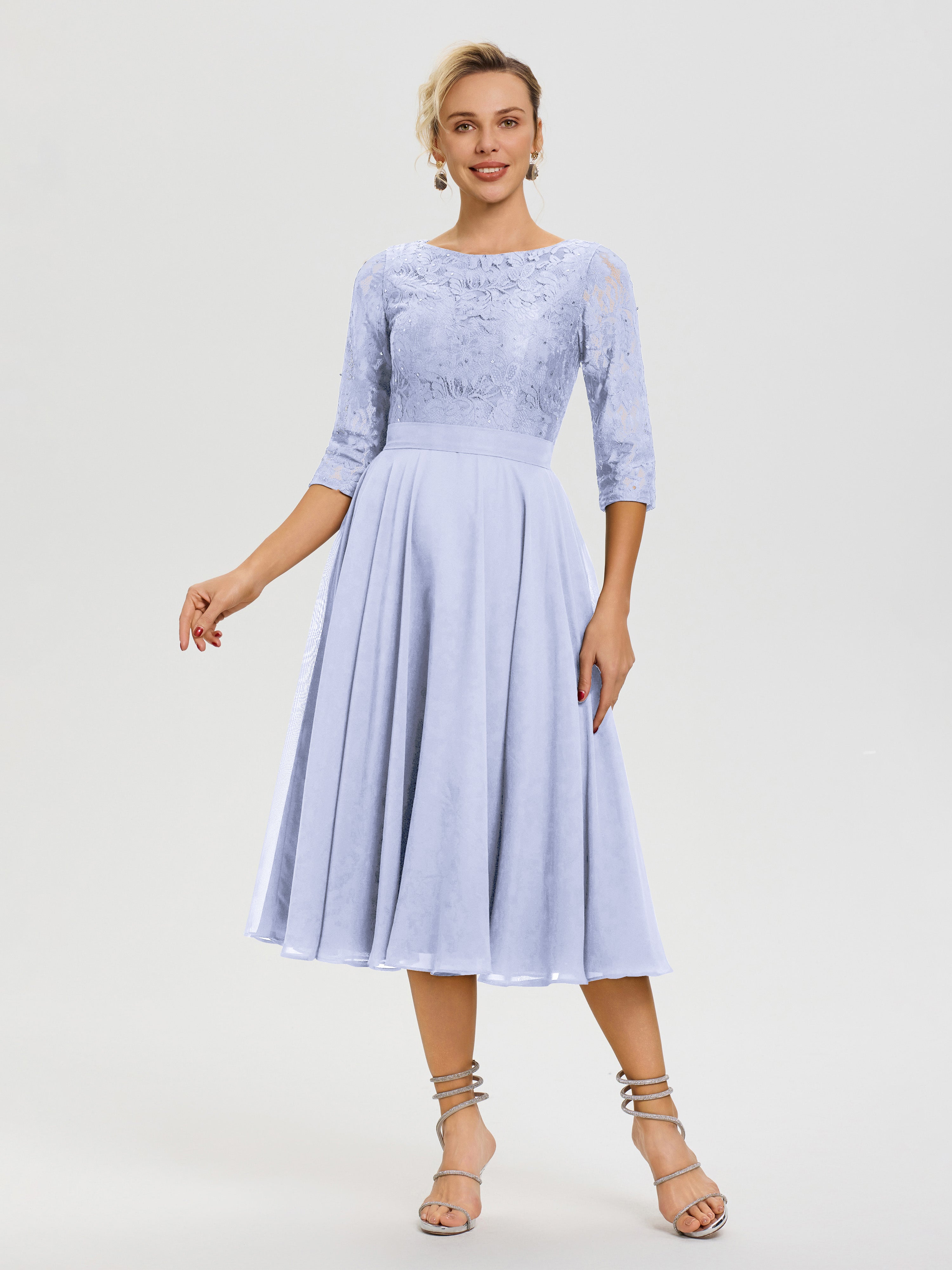 Robe De La Mère Du Marié Lavande Col Rond Mousseline & Dentelle Robe Mère De La Mariée