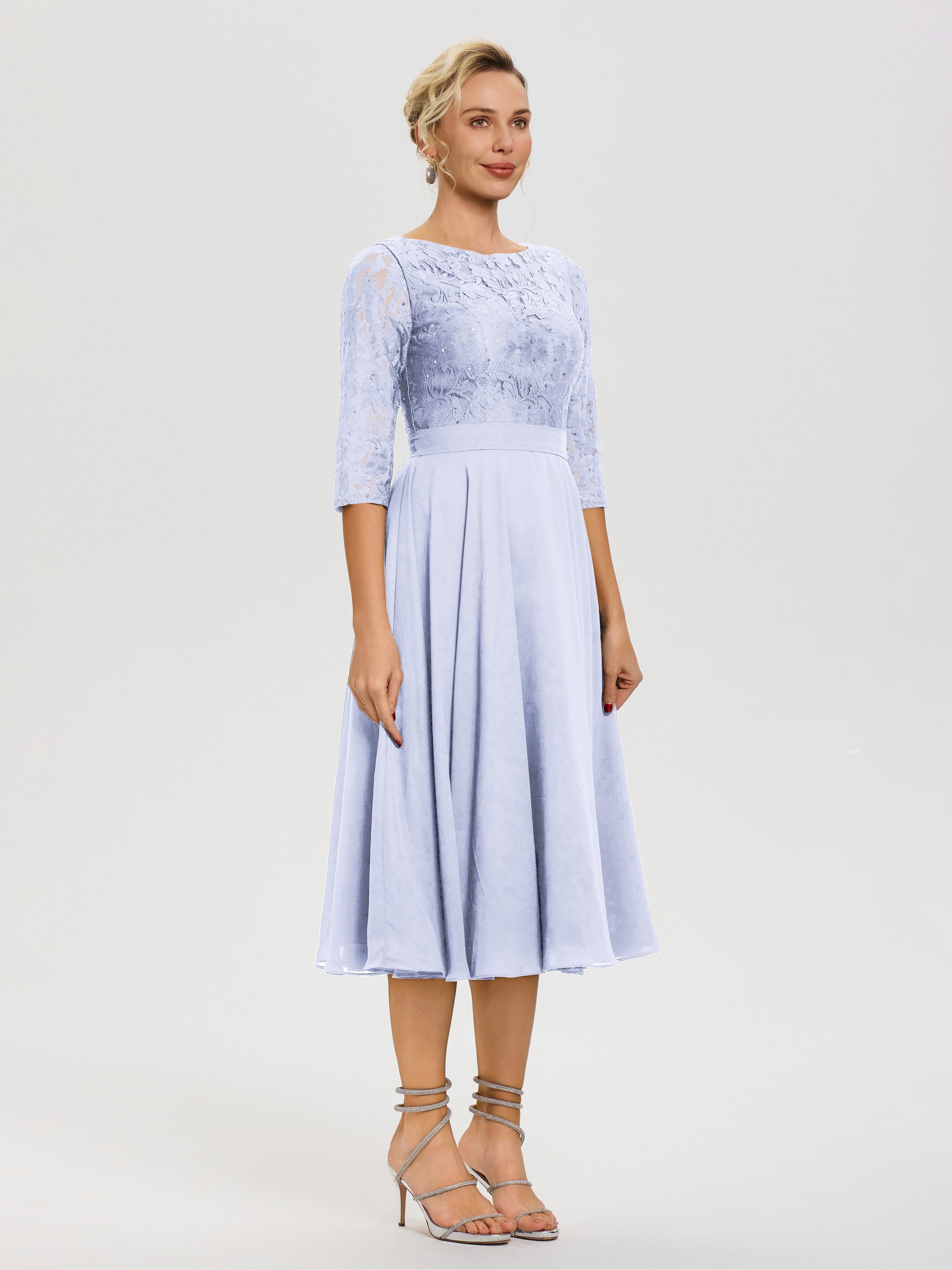 Robe De La Mère Du Marié Lavande Col Rond Mousseline & Dentelle Robe Mère De La Mariée