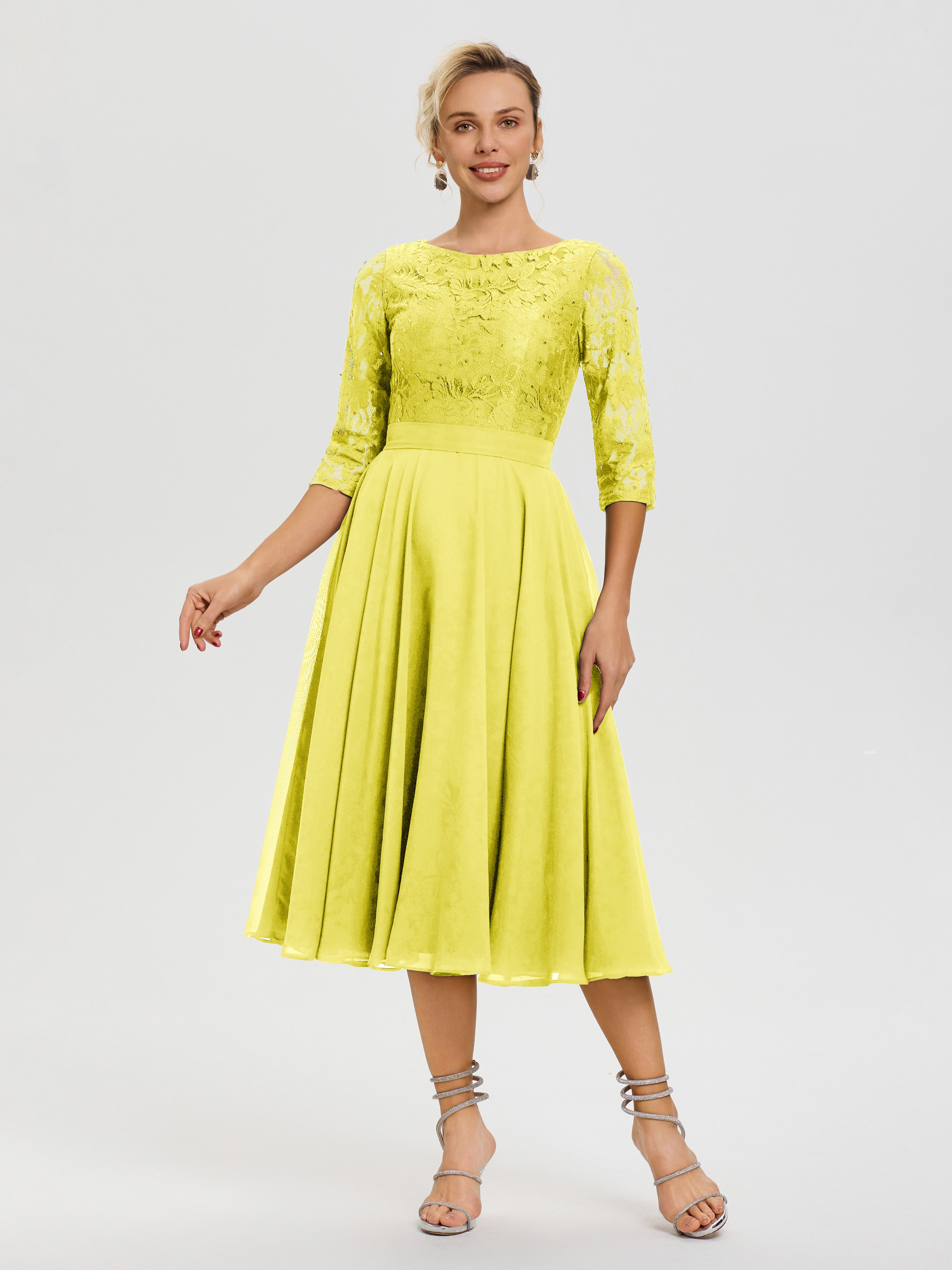 Tenue Mere Dela Mariee Citron Col Rond Mousseline & Dentelle Robe Mère De La Mariée