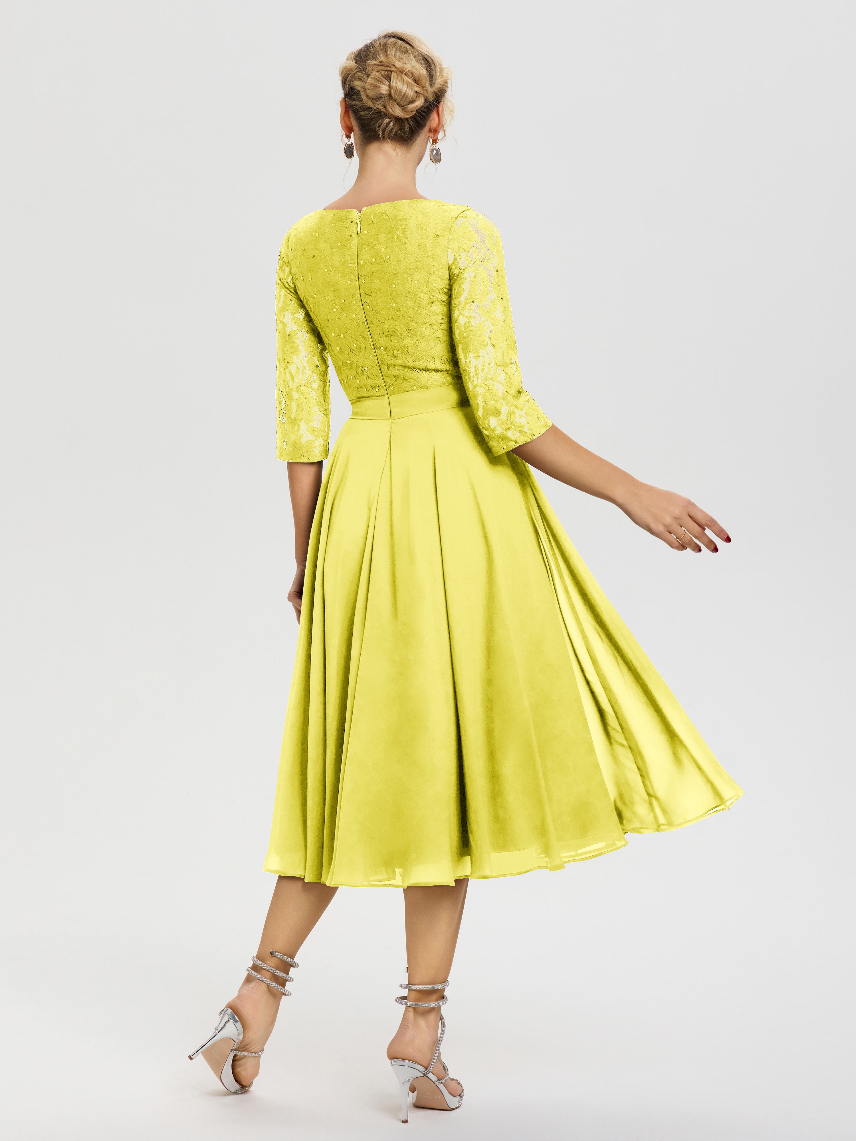 Tenue Mere Dela Mariee Citron Col Rond Mousseline & Dentelle Robe Mère De La Mariée