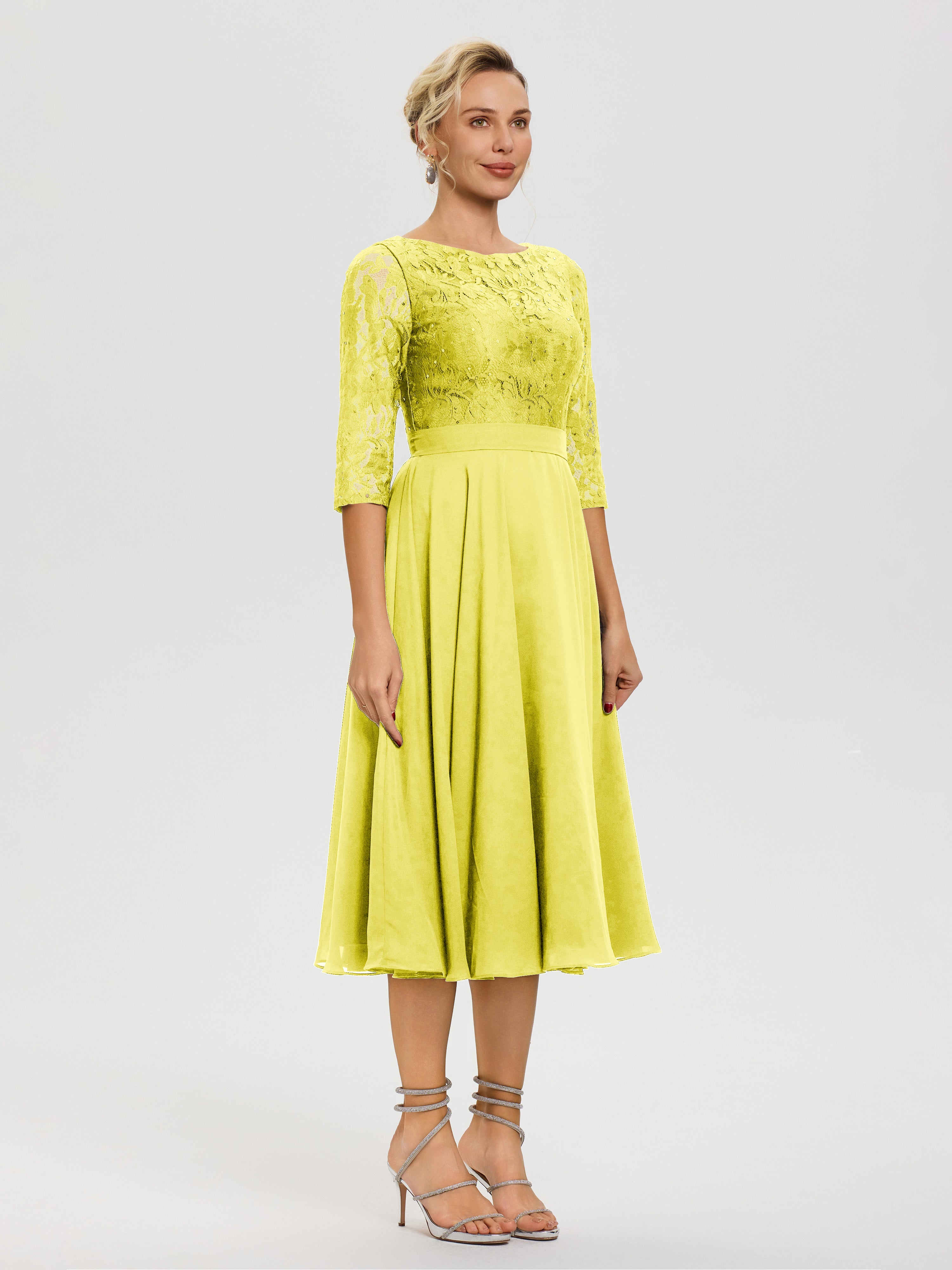 Tenue Mere Dela Mariee Citron Col Rond Mousseline & Dentelle Robe Mère De La Mariée