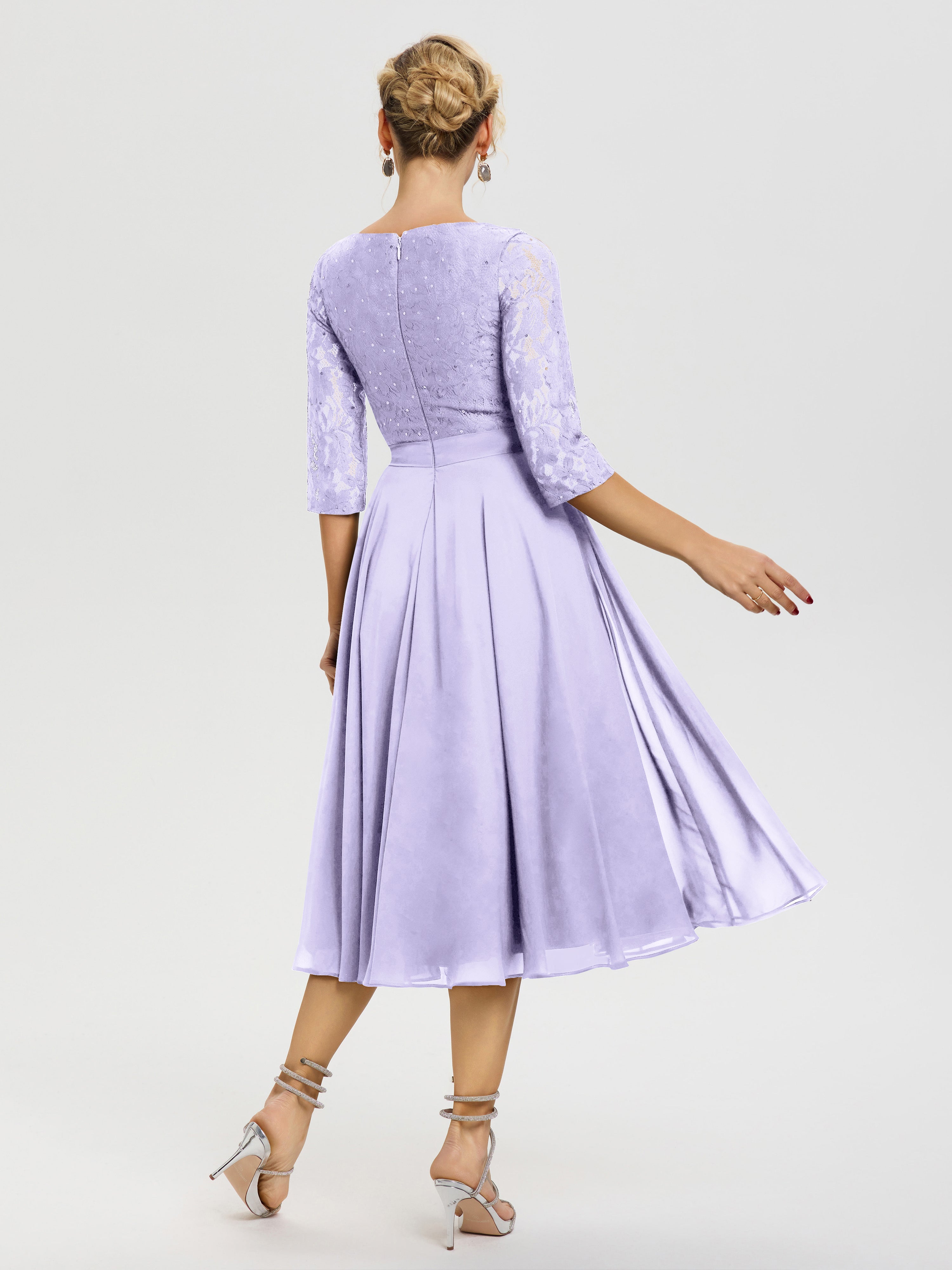 Robe De La Mère Du Marié Lilas Col Rond Mousseline & Dentelle Robe Mère De La Mariée