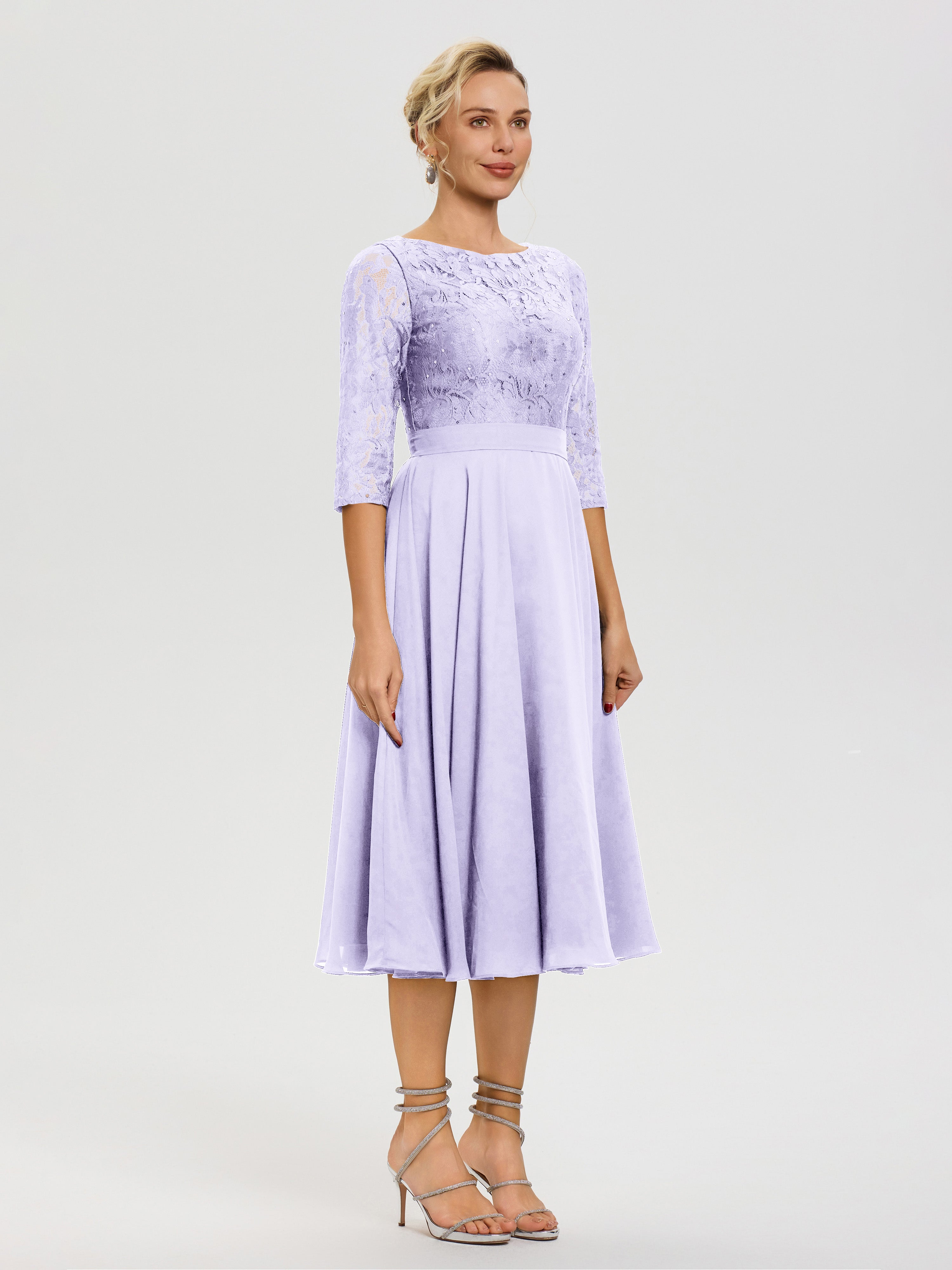 Robe De La Mère Du Marié Lilas Col Rond Mousseline & Dentelle Robe Mère De La Mariée