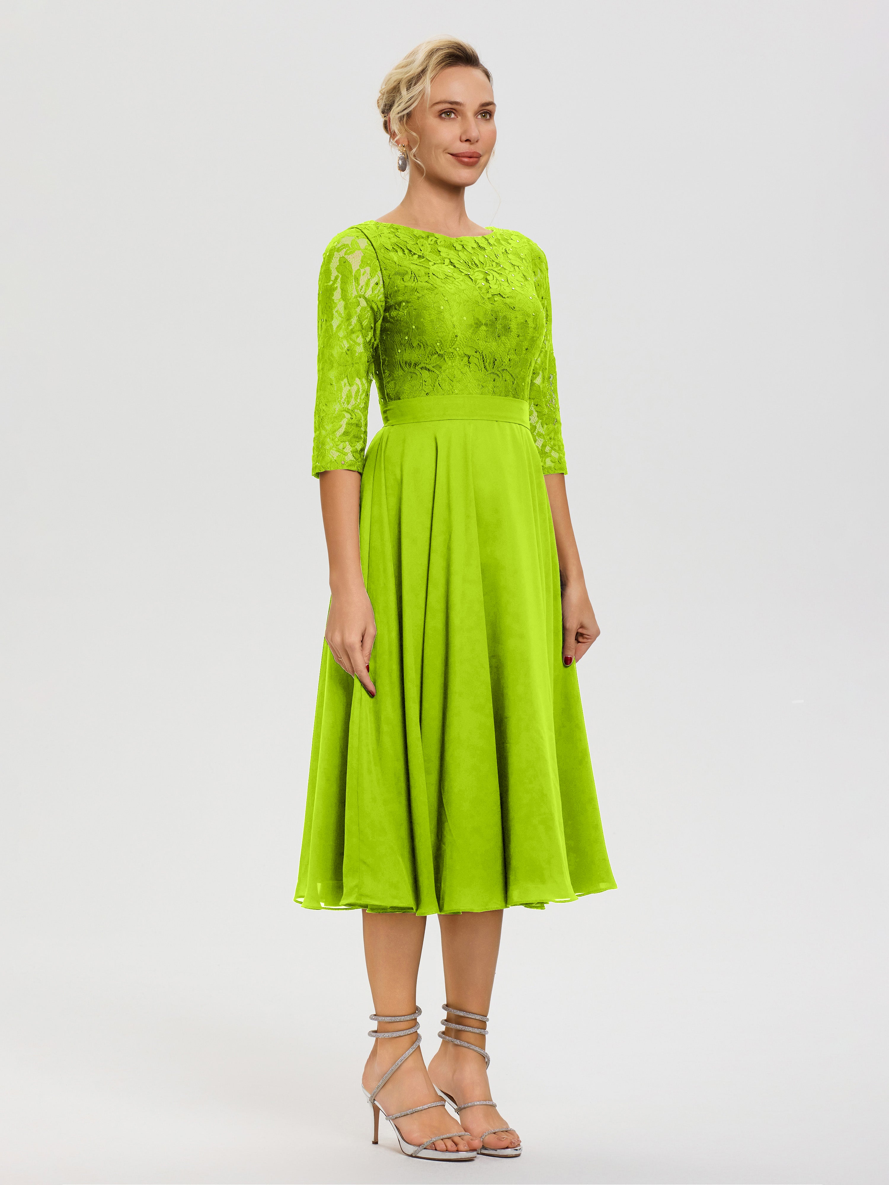 Robe Cérémonie Mariage Mère Du Marié Vert Citron Col Rond Mousseline & Dentelle Robe Mère De La Mariée