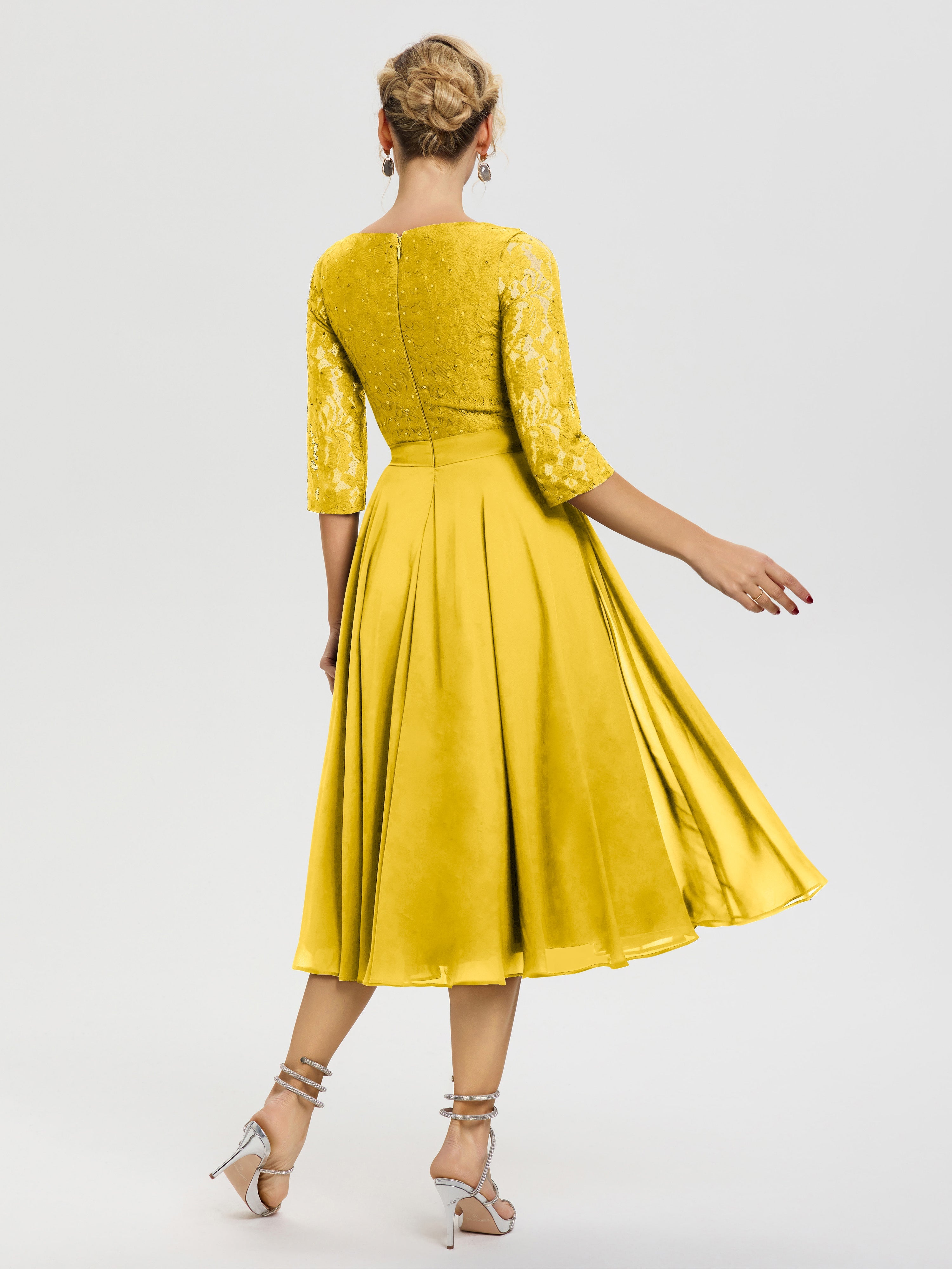 Robe Cérémonie Mariage Mère Du Marié Souci Col Rond Mousseline & Dentelle Robe Mère De La Mariée