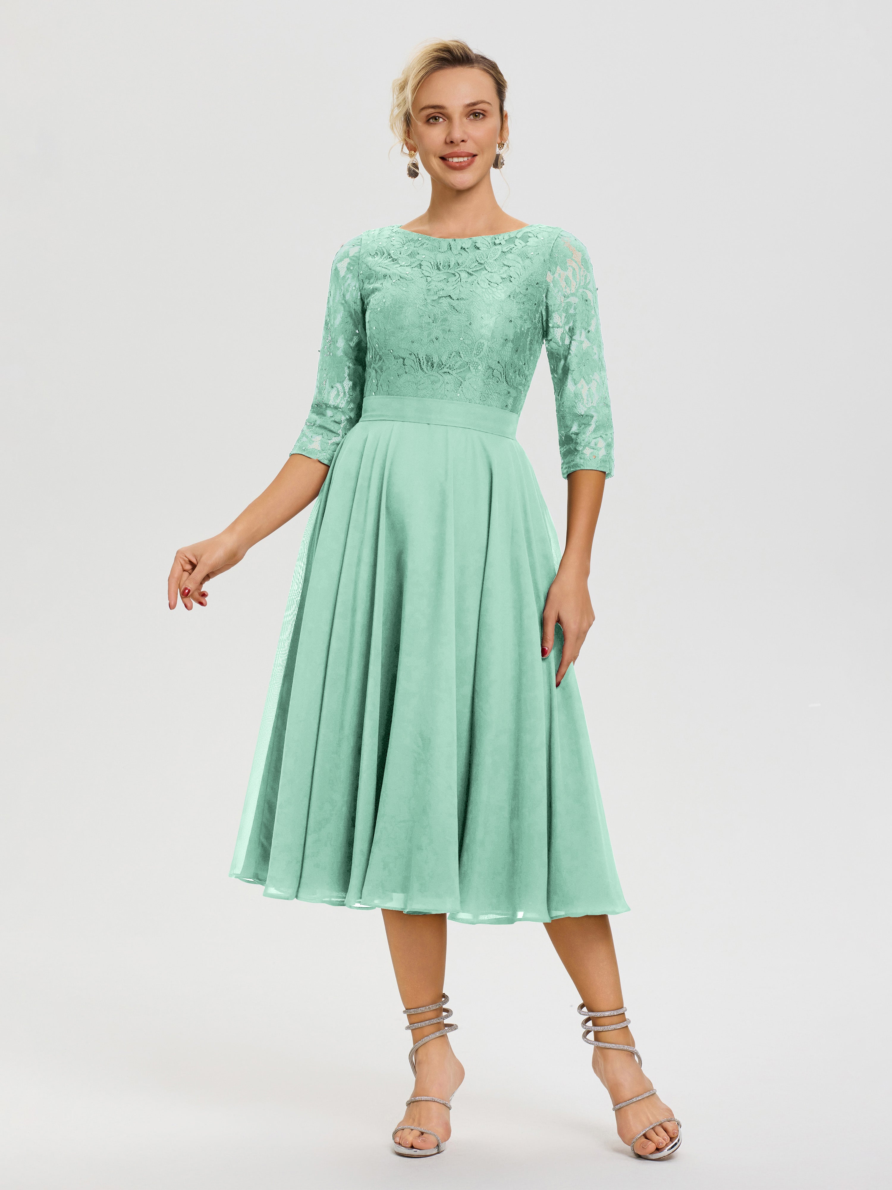 Robe Cérémonie Mariage Mère Du Marié Vert Menthe Col Rond Mousseline & Dentelle Robe Mère De La Mariée