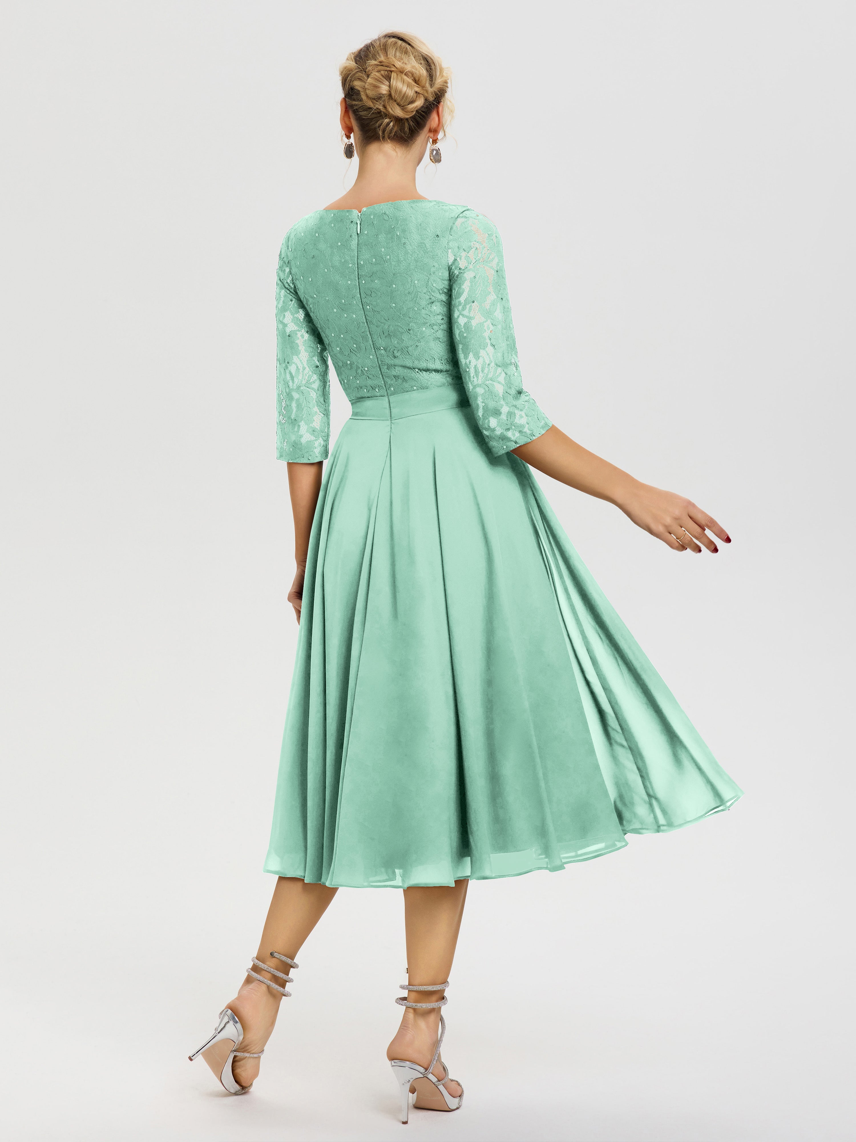 Robe Cérémonie Mariage Mère Du Marié Vert Menthe Col Rond Mousseline & Dentelle Robe Mère De La Mariée