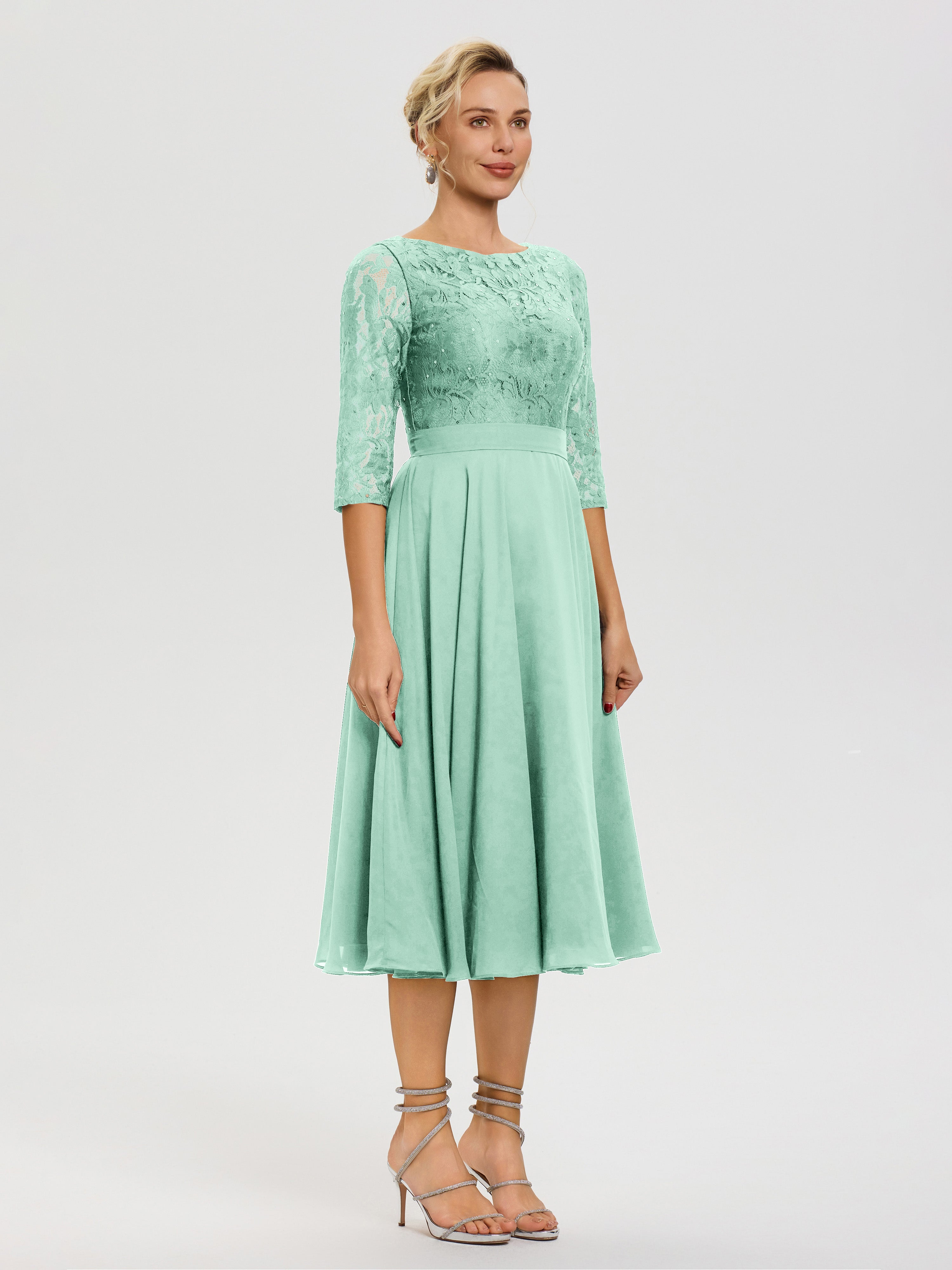 Robe Cérémonie Mariage Mère Du Marié Vert Menthe Col Rond Mousseline & Dentelle Robe Mère De La Mariée