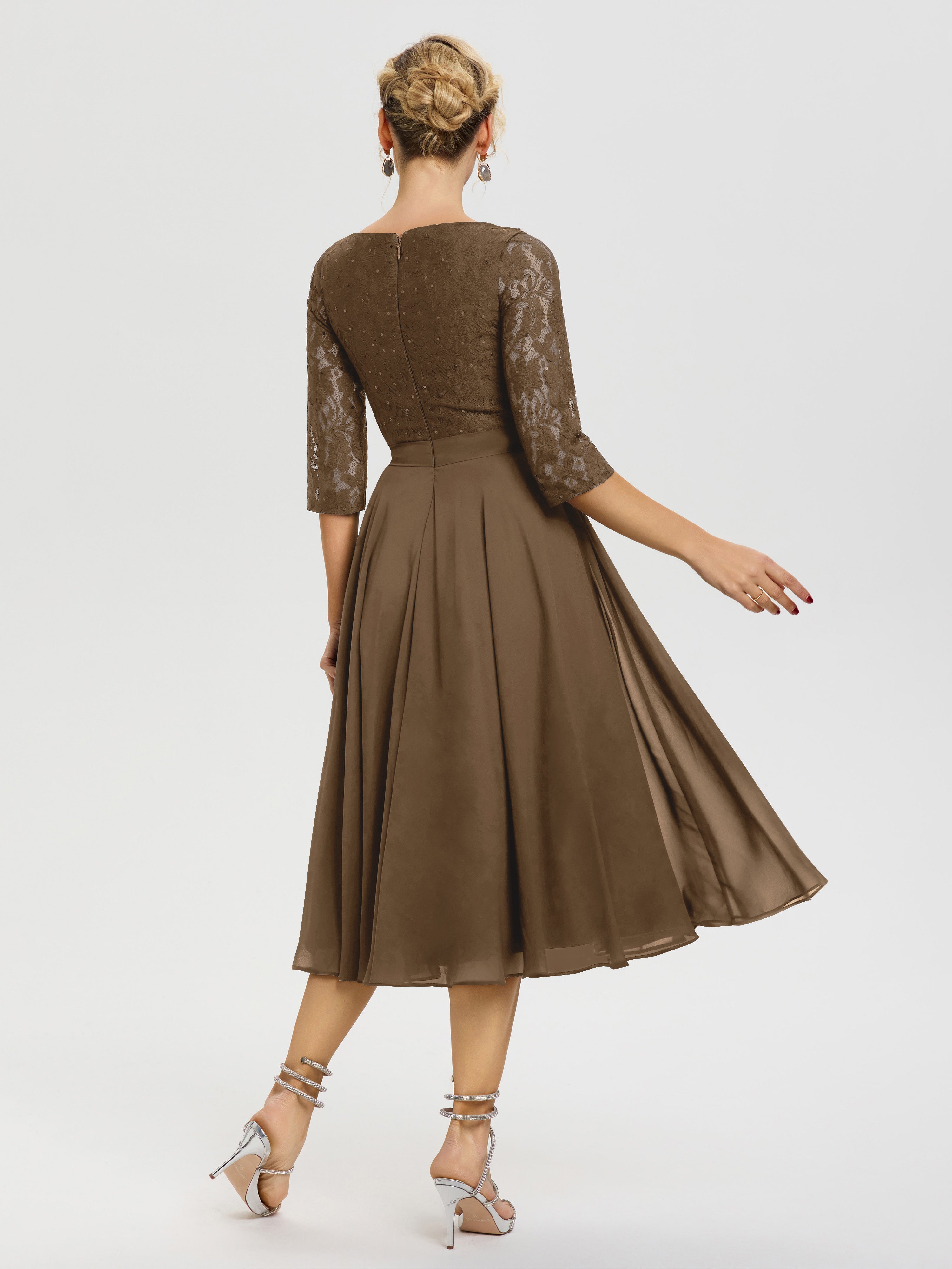 Robe De La Mère Du Marié Moka Col Rond Mousseline & Dentelle Robe Mère De La Mariée
