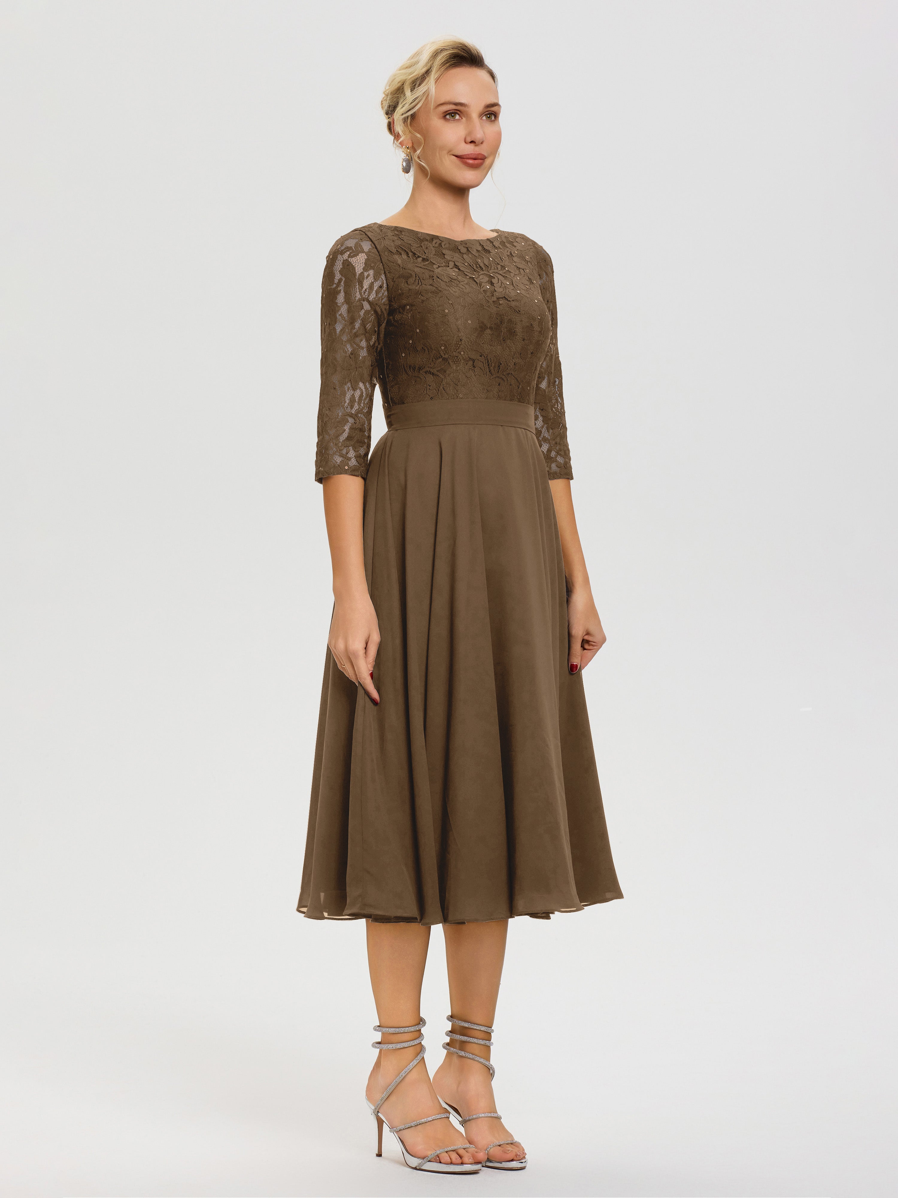 Robe De La Mère Du Marié Moka Col Rond Mousseline & Dentelle Robe Mère De La Mariée