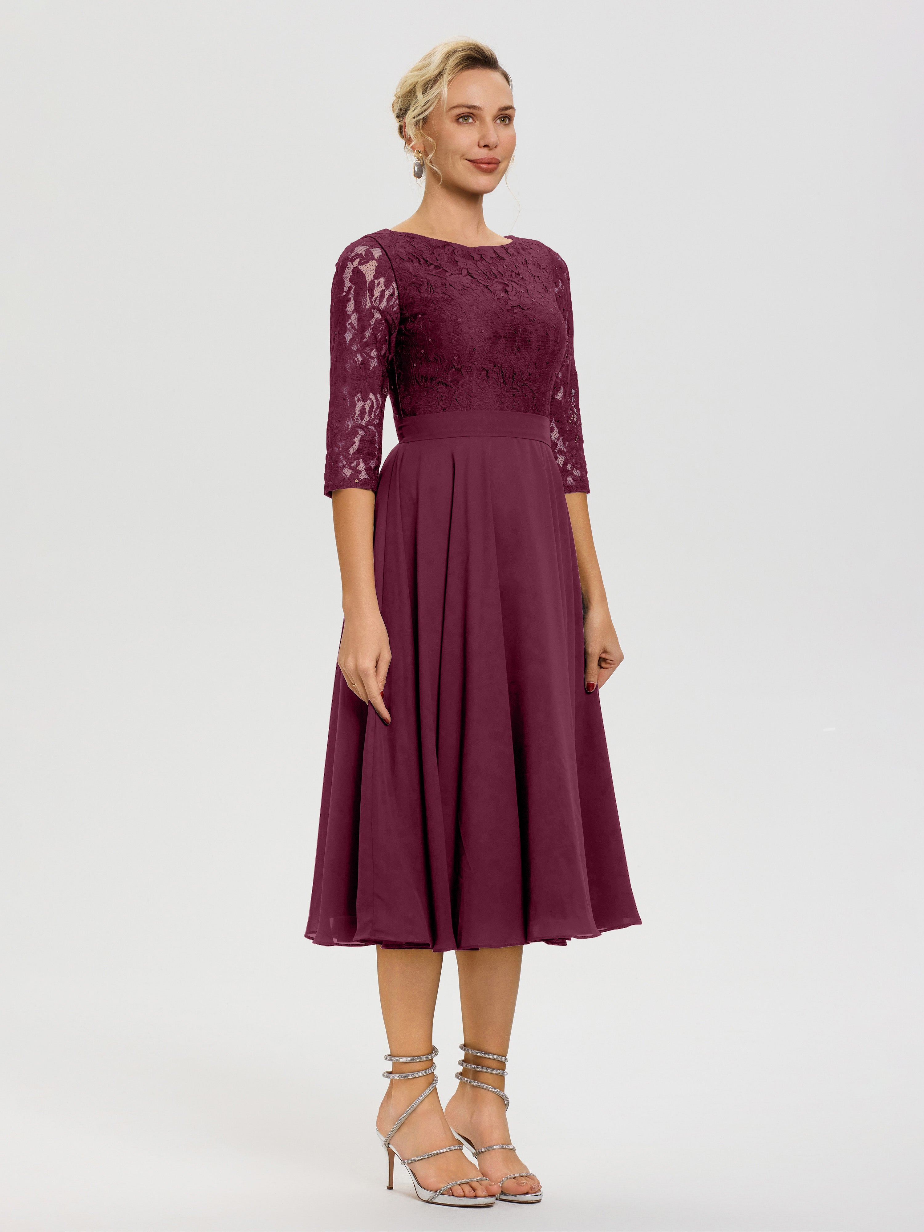 Robe De La Mère Du Marié Mûre Col Rond Mousseline & Dentelle Robe Mère De La Mariée