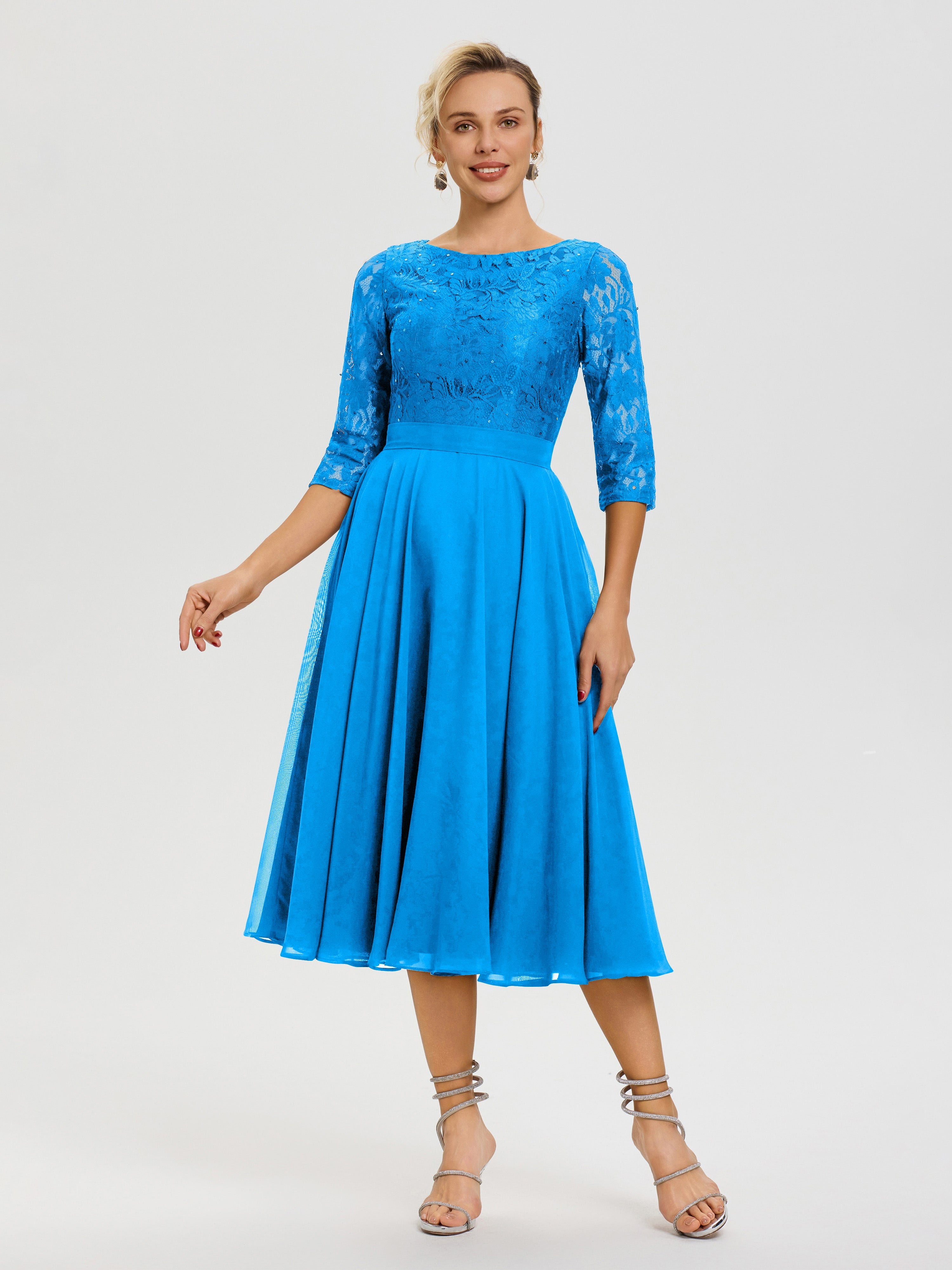 Robe Mere Dela Mariee Bleu Océan Col Rond Mousseline & Dentelle Robe Mère De La Mariée