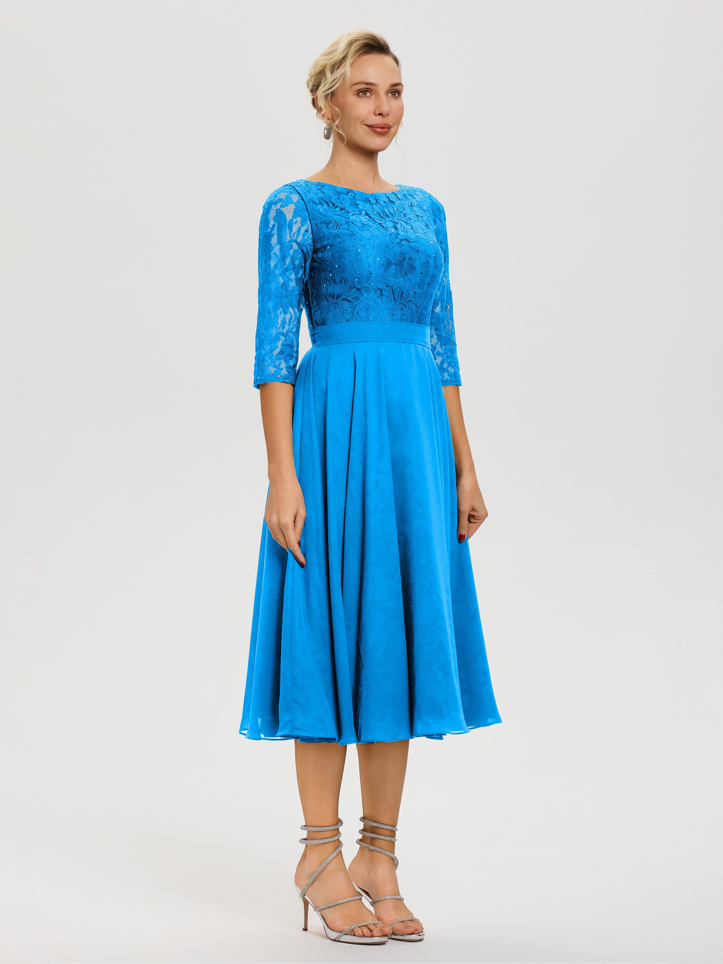 Robe Mere Dela Mariee Bleu Océan Col Rond Mousseline & Dentelle Robe Mère De La Mariée