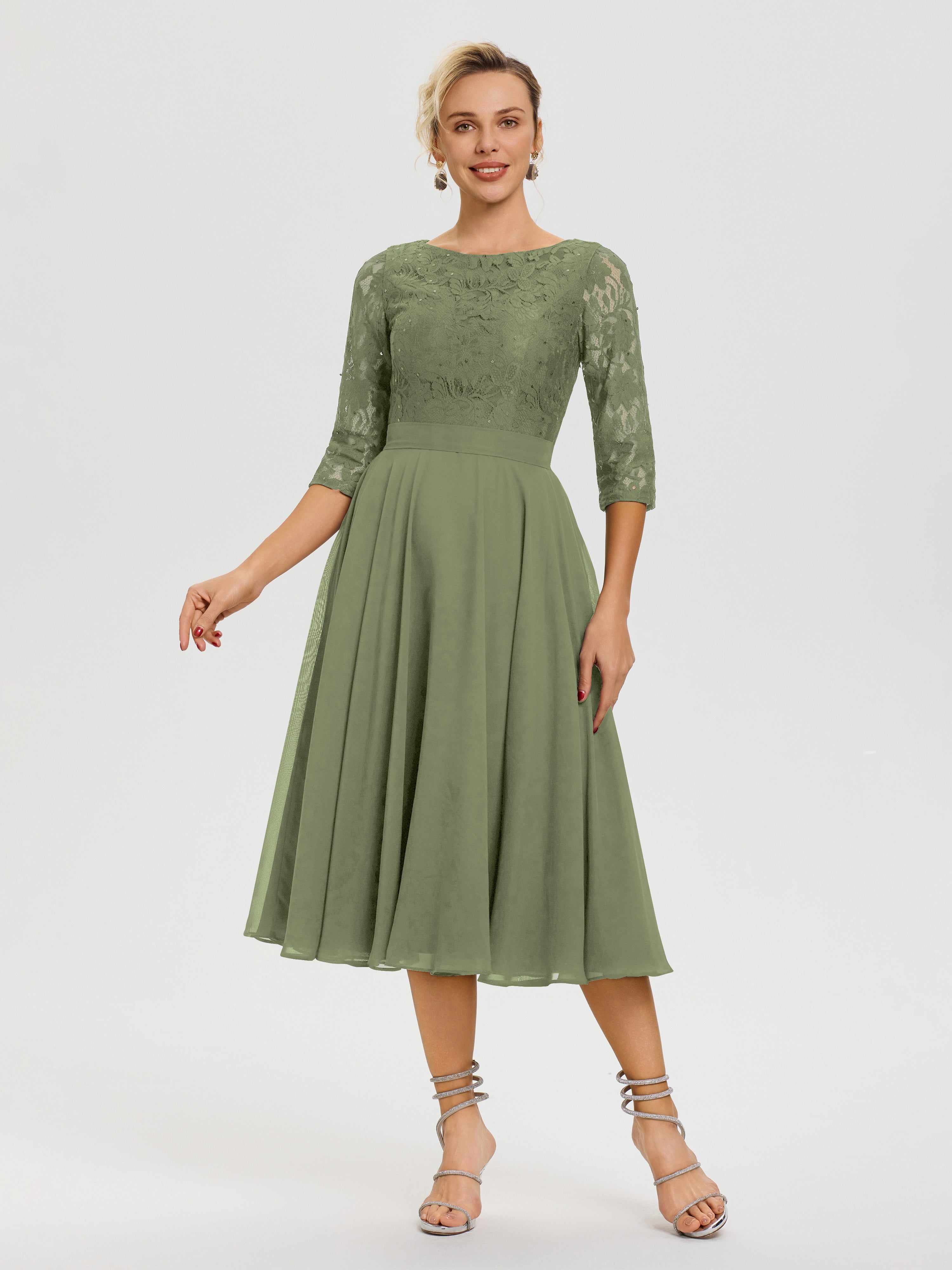 Robe Cérémonie Mariage Mère Du Marié Vert Olive Col Rond Mousseline & Dentelle Robe Mère De La Mariée