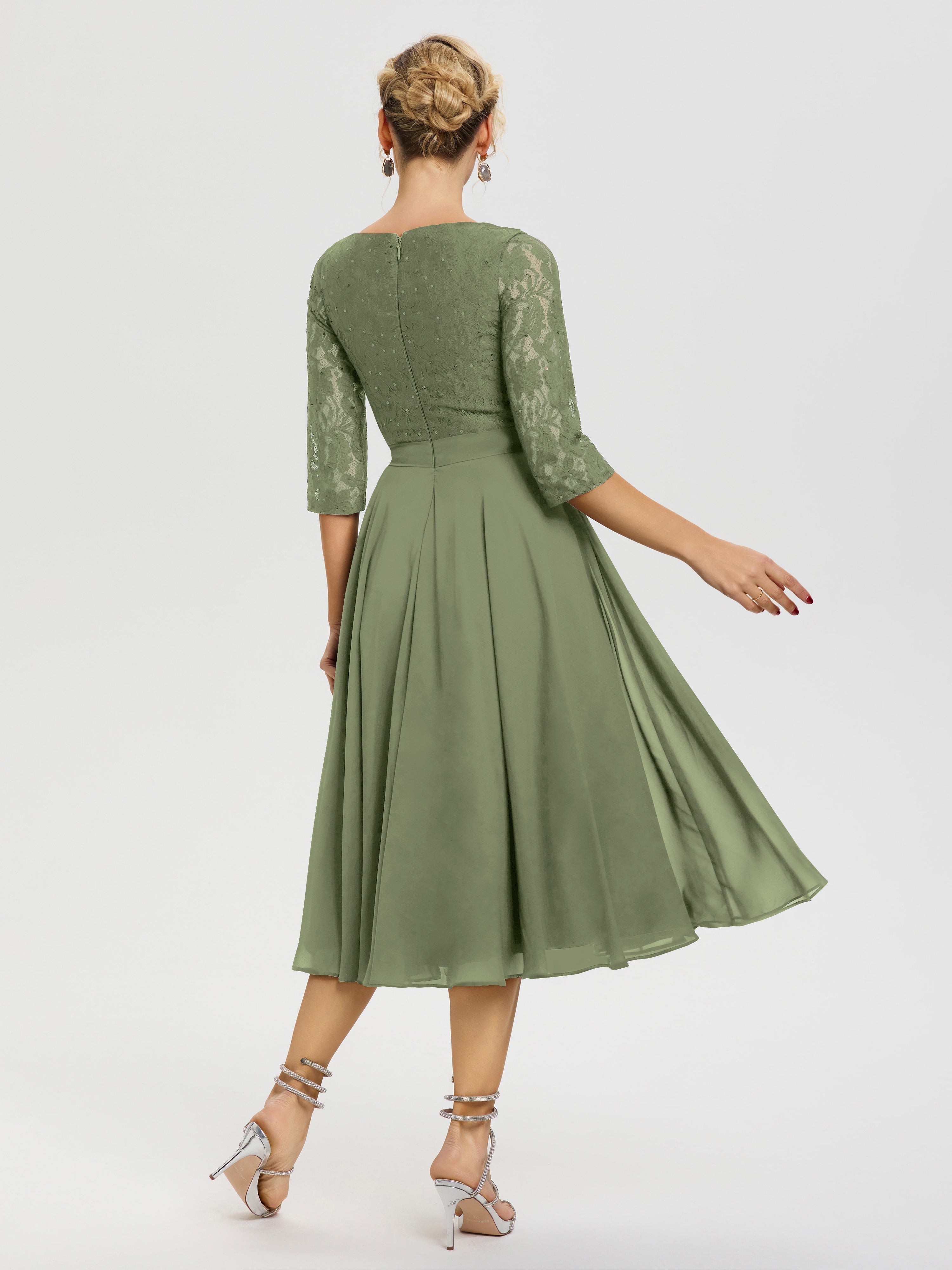 Robe Cérémonie Mariage Mère Du Marié Vert Olive Col Rond Mousseline & Dentelle Robe Mère De La Mariée
