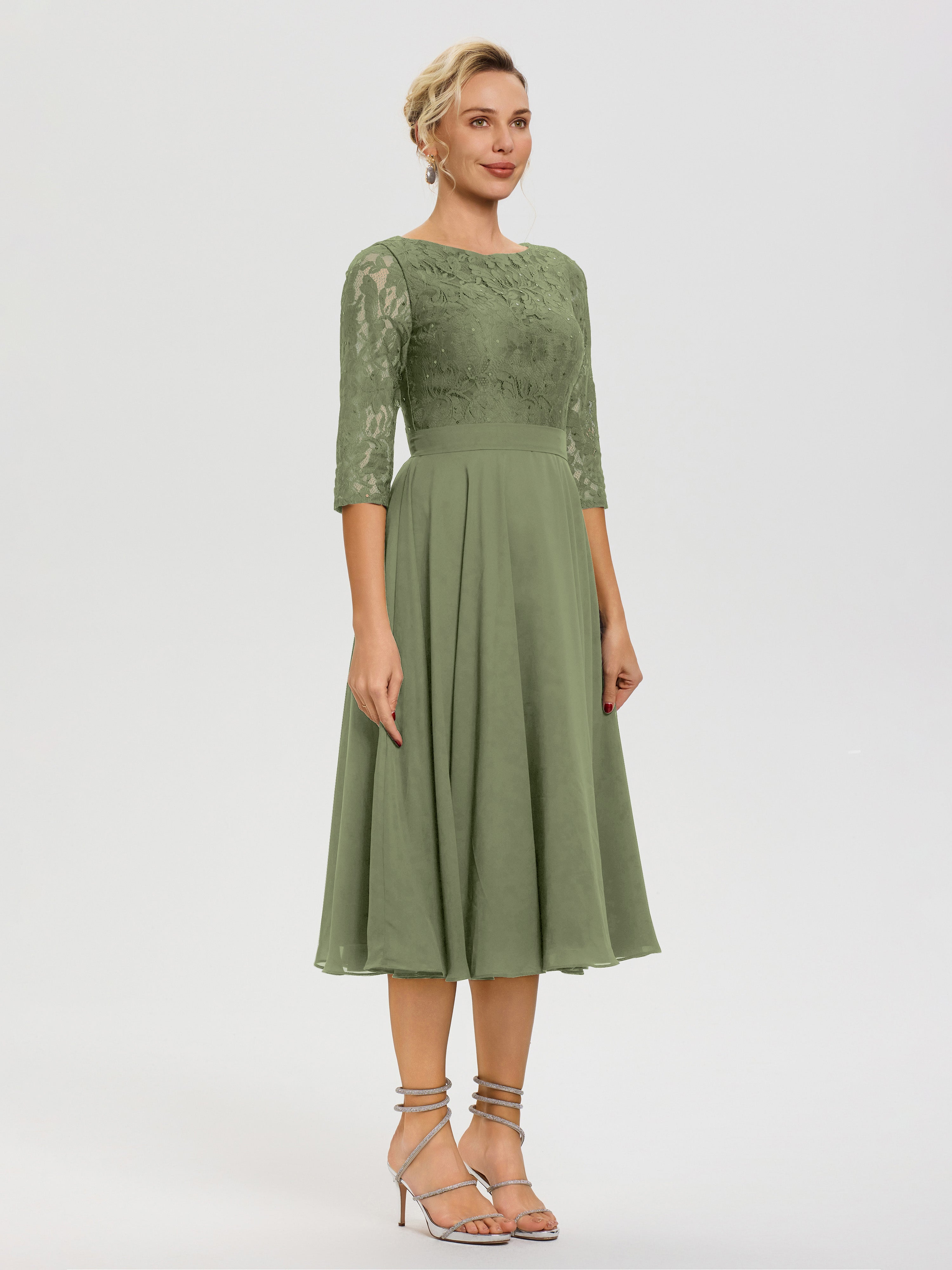 Robe Cérémonie Mariage Mère Du Marié Vert Olive Col Rond Mousseline & Dentelle Robe Mère De La Mariée