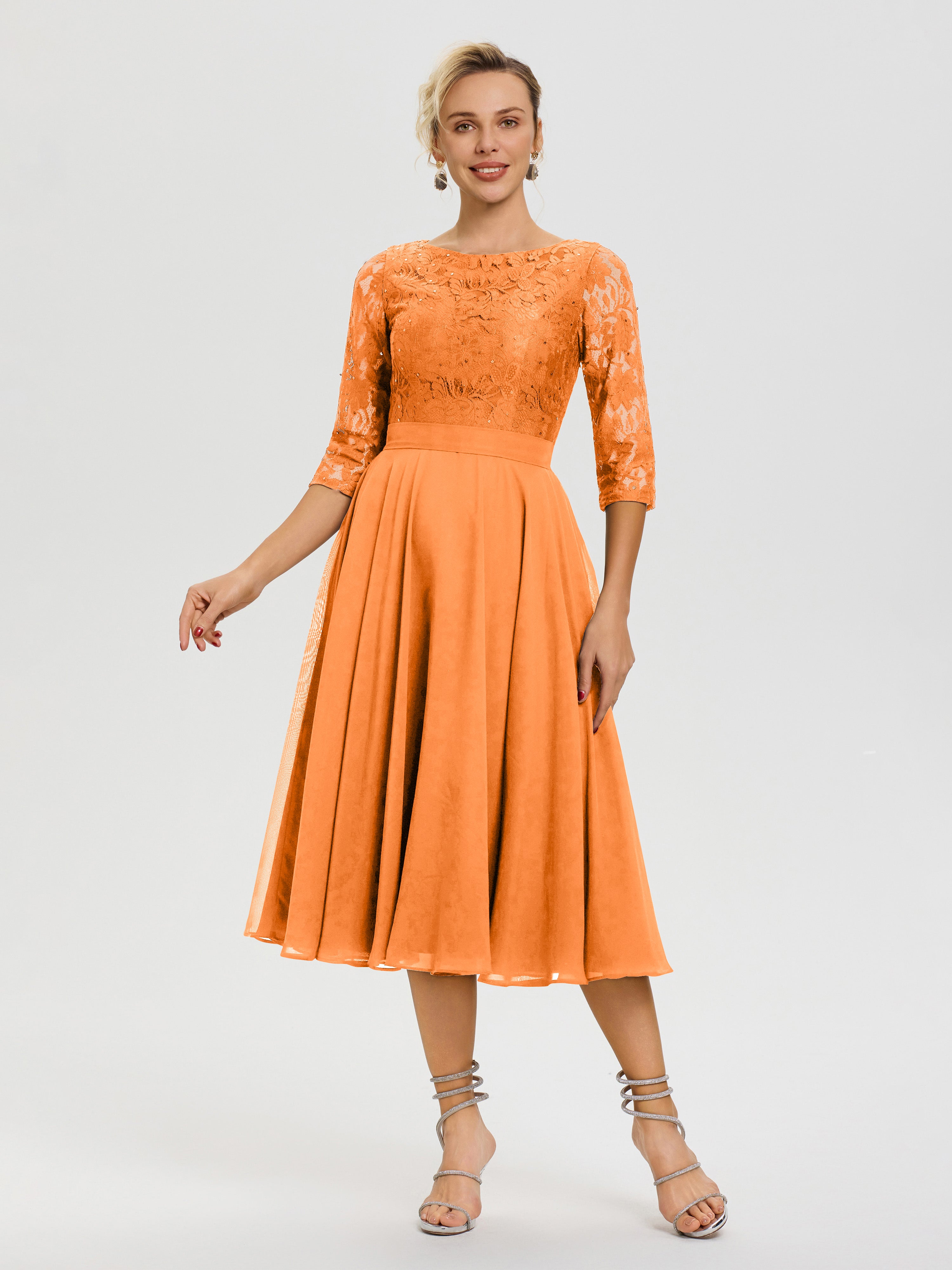 Robe De La Mère Du Marié Orange Col Rond Mousseline & Dentelle Robe Mère De La Mariée