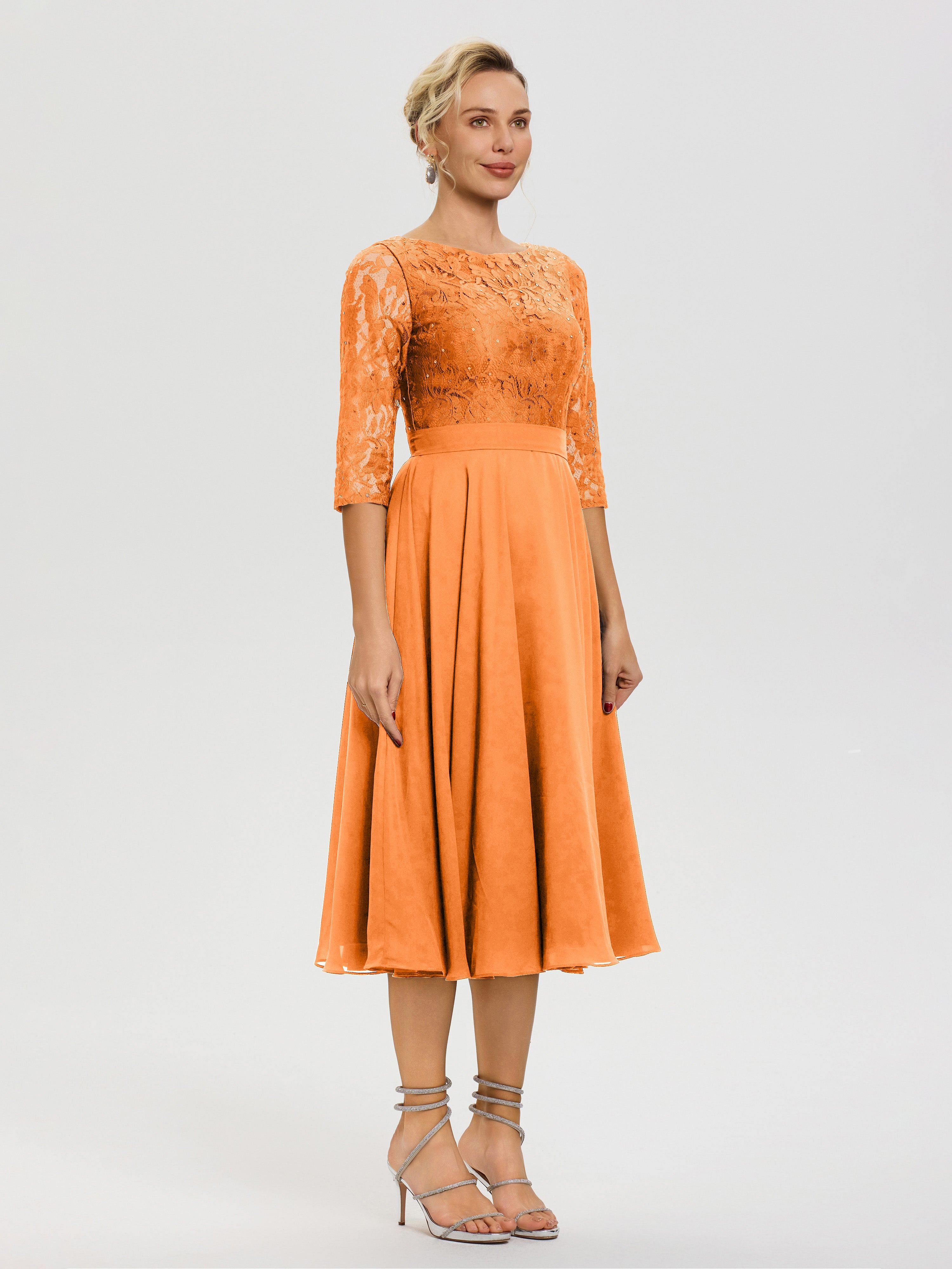 Robe De La Mère Du Marié Orange Col Rond Mousseline & Dentelle Robe Mère De La Mariée