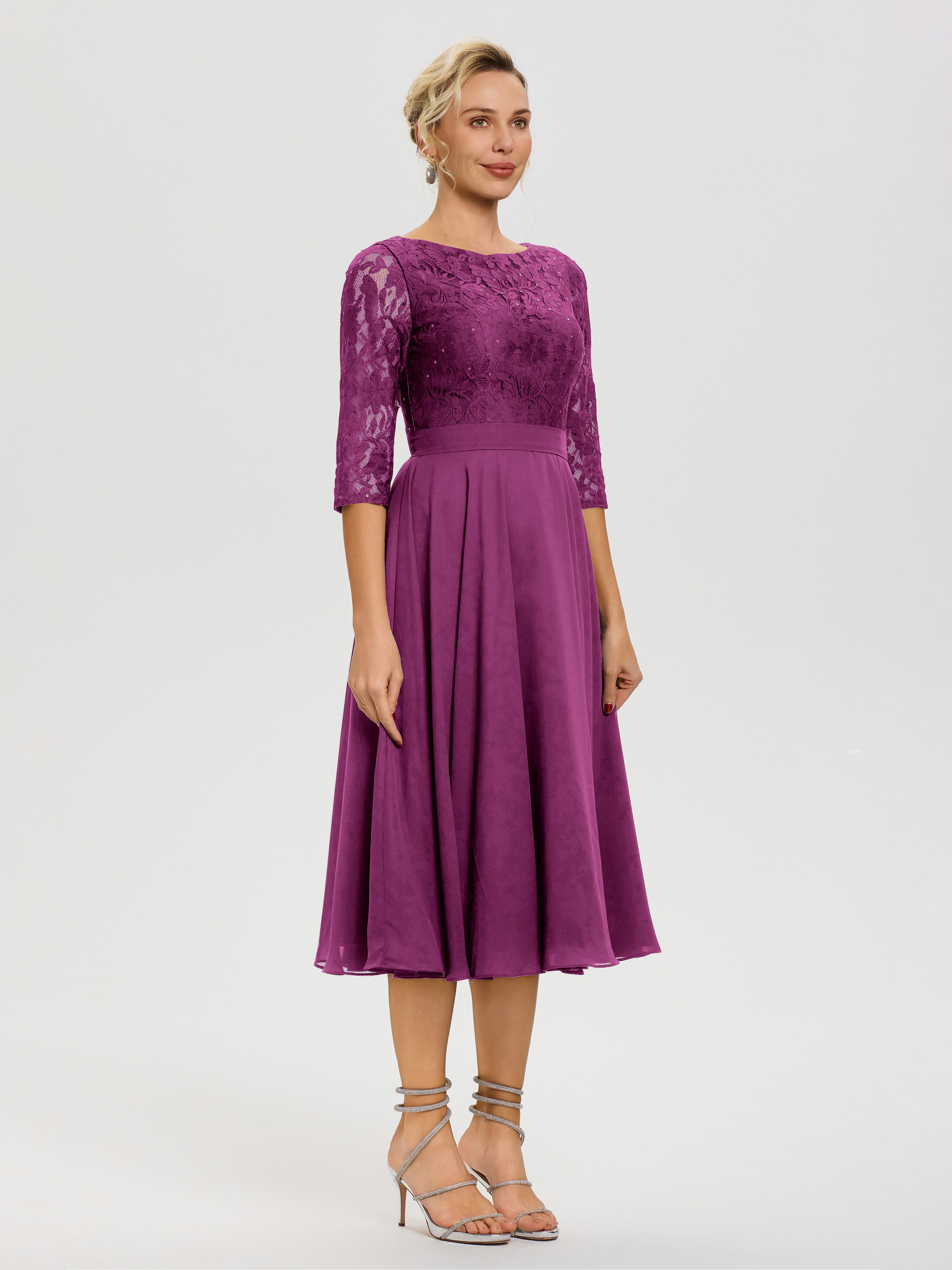 Robe Mariage Mère De La Mariée Orchidée Col Rond Mousseline & Dentelle Robe Mère De La Mariée