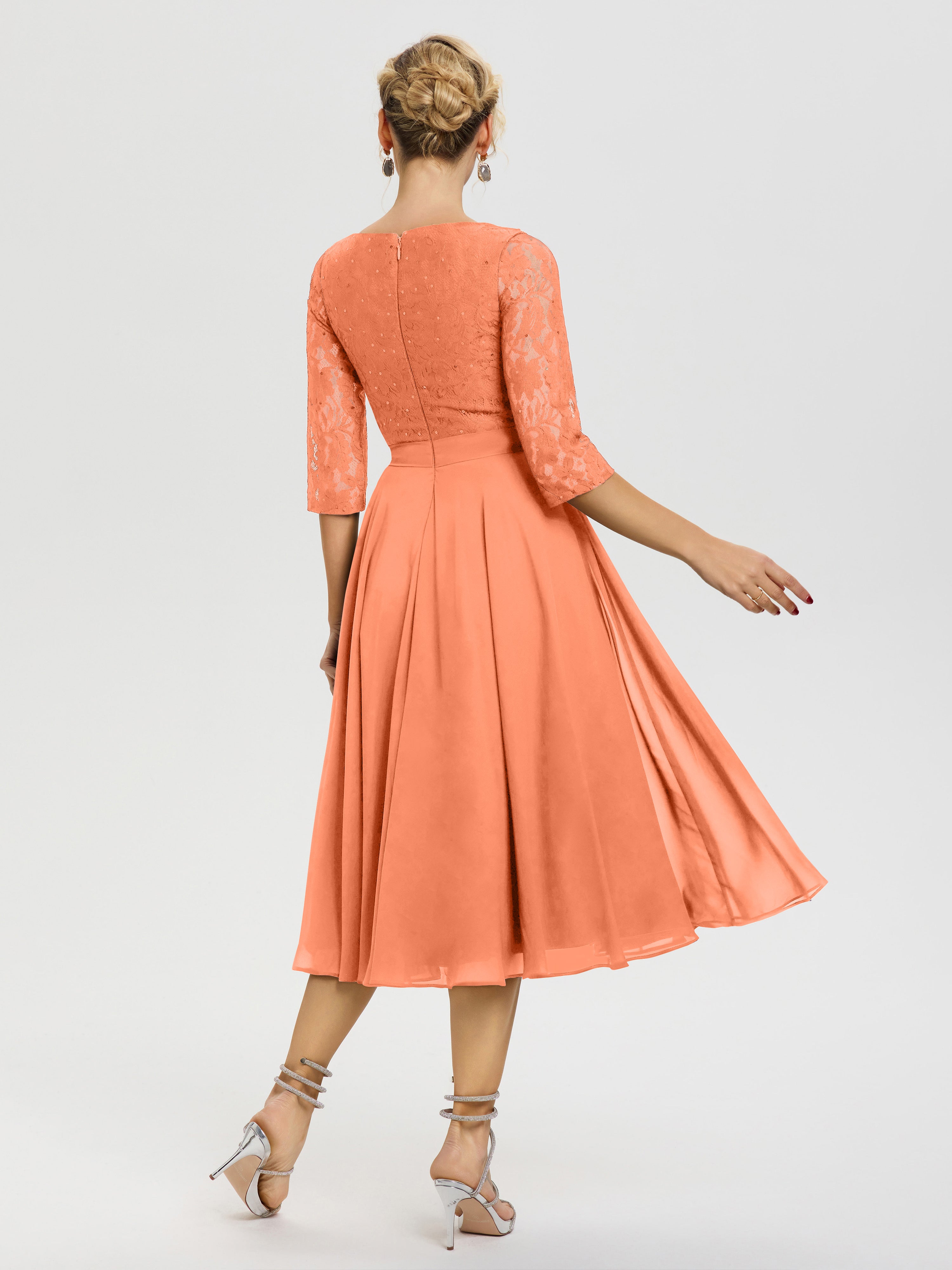 Robe Mariage Mère De La Mariée Papaye Col Rond Mousseline & Dentelle Robe Mère De La Mariée