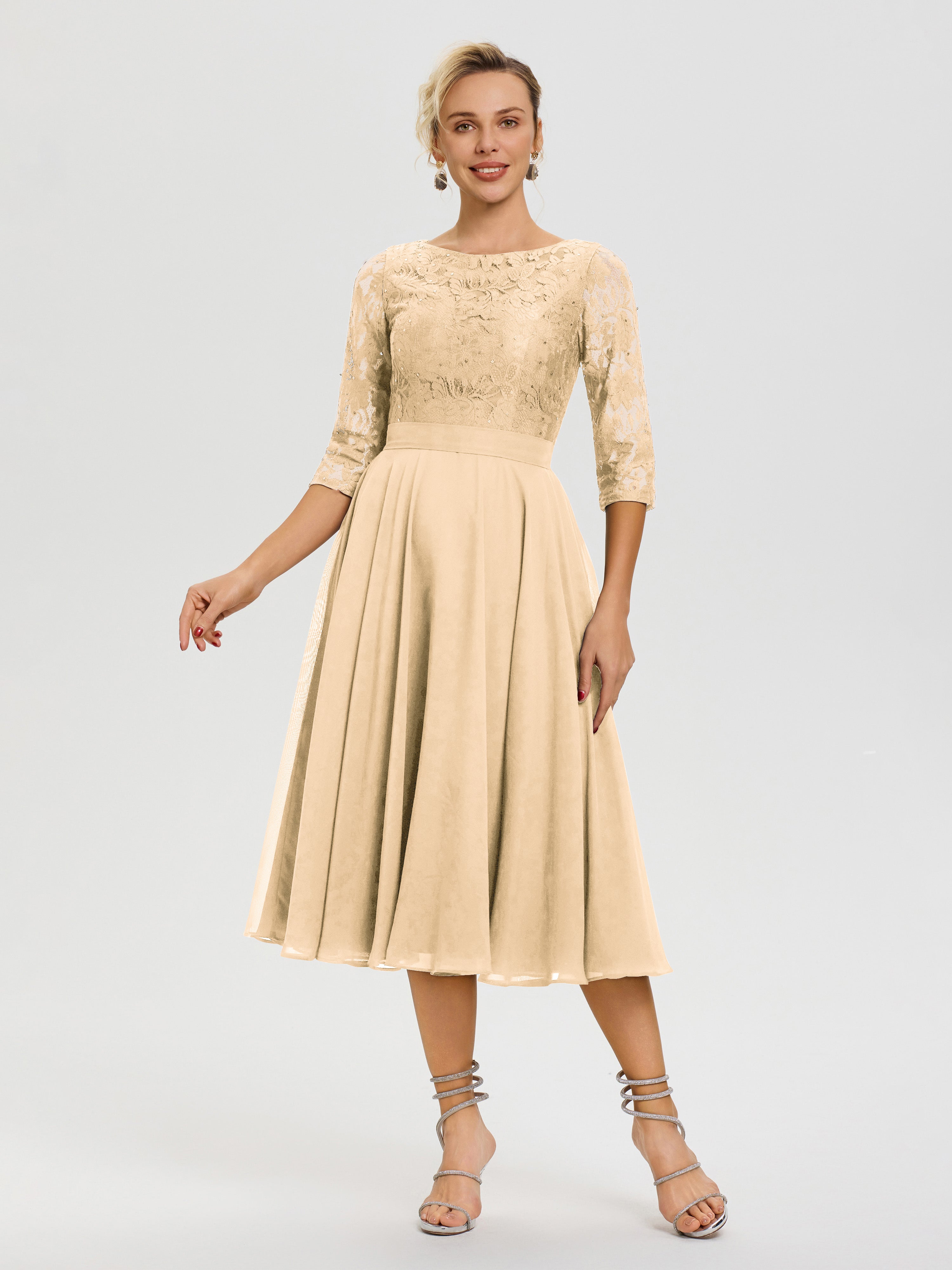 Robe Mariage Mère De La Mariée Pêche Col Rond Mousseline & Dentelle Robe Mère De La Mariée
