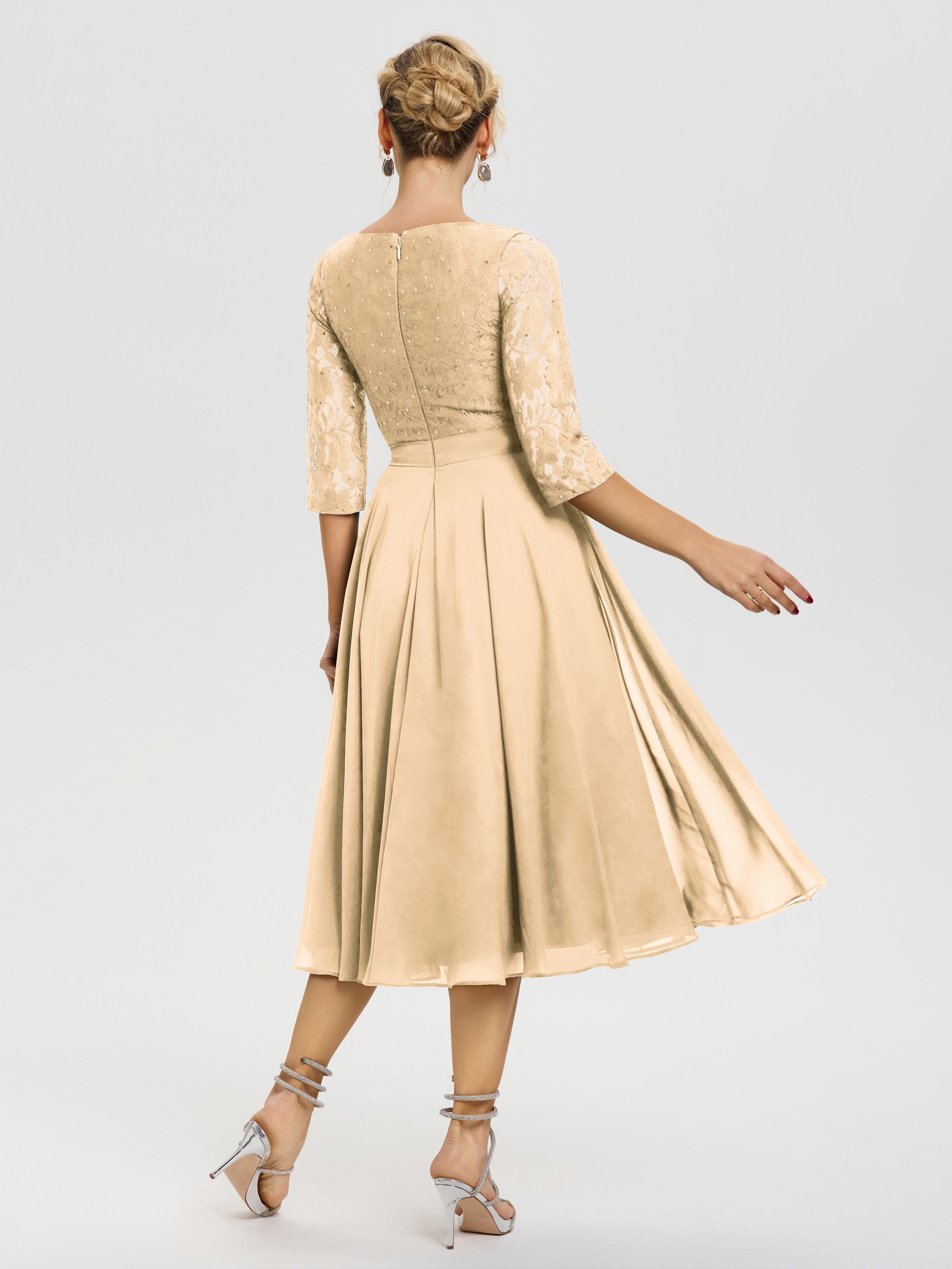 Robe Mariage Mère De La Mariée Pêche Col Rond Mousseline & Dentelle Robe Mère De La Mariée
