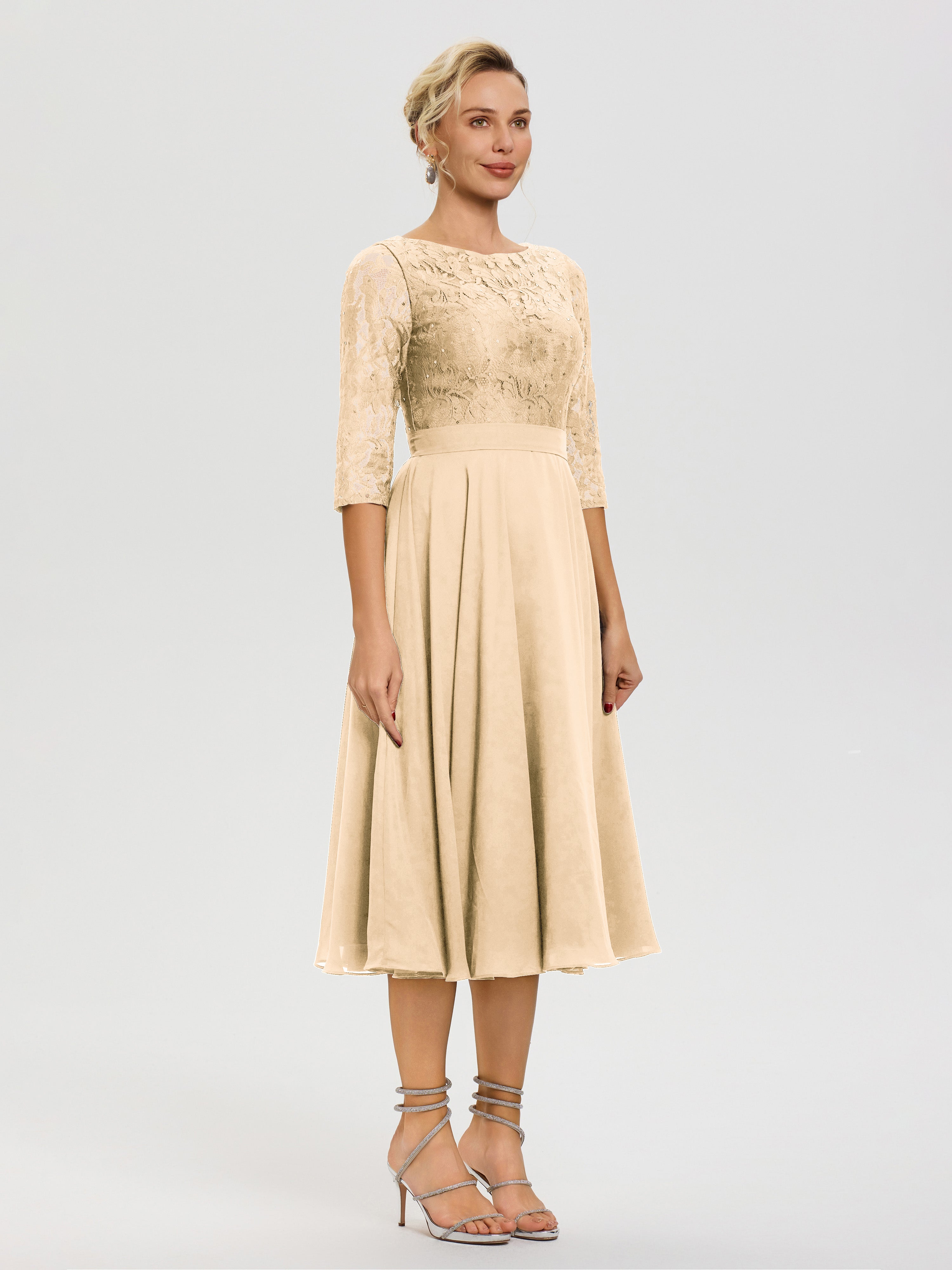 Robe Mariage Mère De La Mariée Pêche Col Rond Mousseline & Dentelle Robe Mère De La Mariée