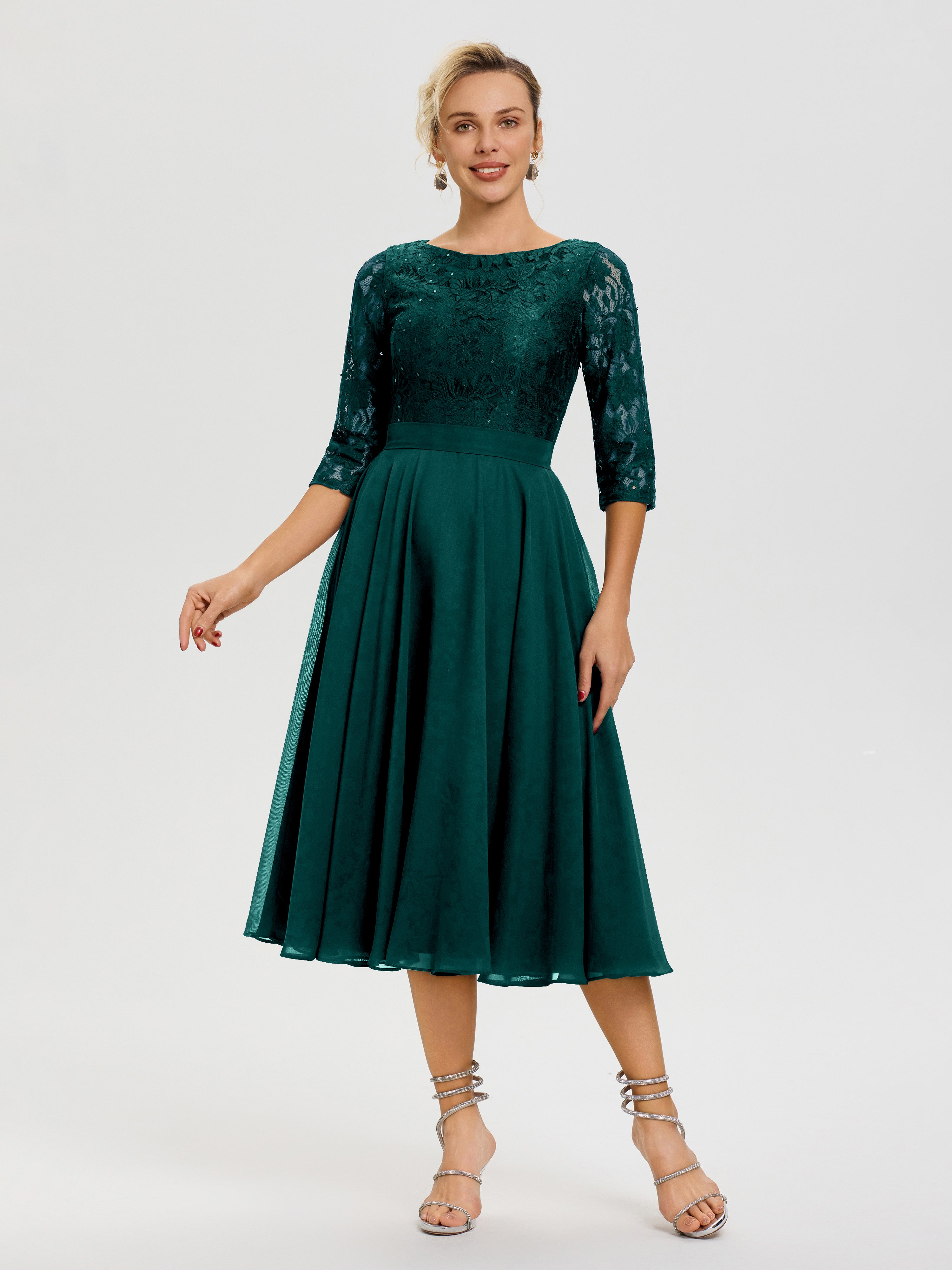 Robe Mariage Mère De La Mariée Paon Col Rond Mousseline & Dentelle Robe Mère De La Mariée
