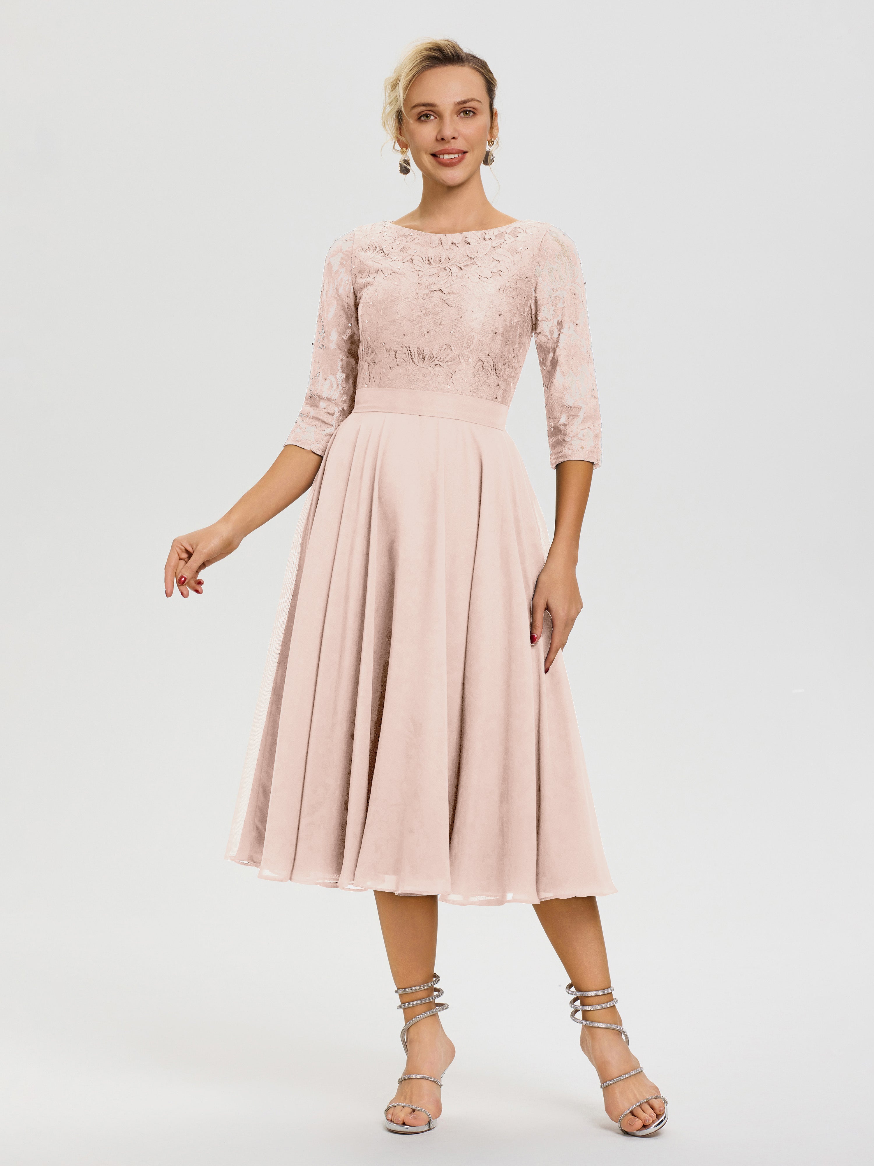 Robe Mariage Mère De La Mariée Rose Perle Col Rond Mousseline & Dentelle Robe Mère De La Mariée