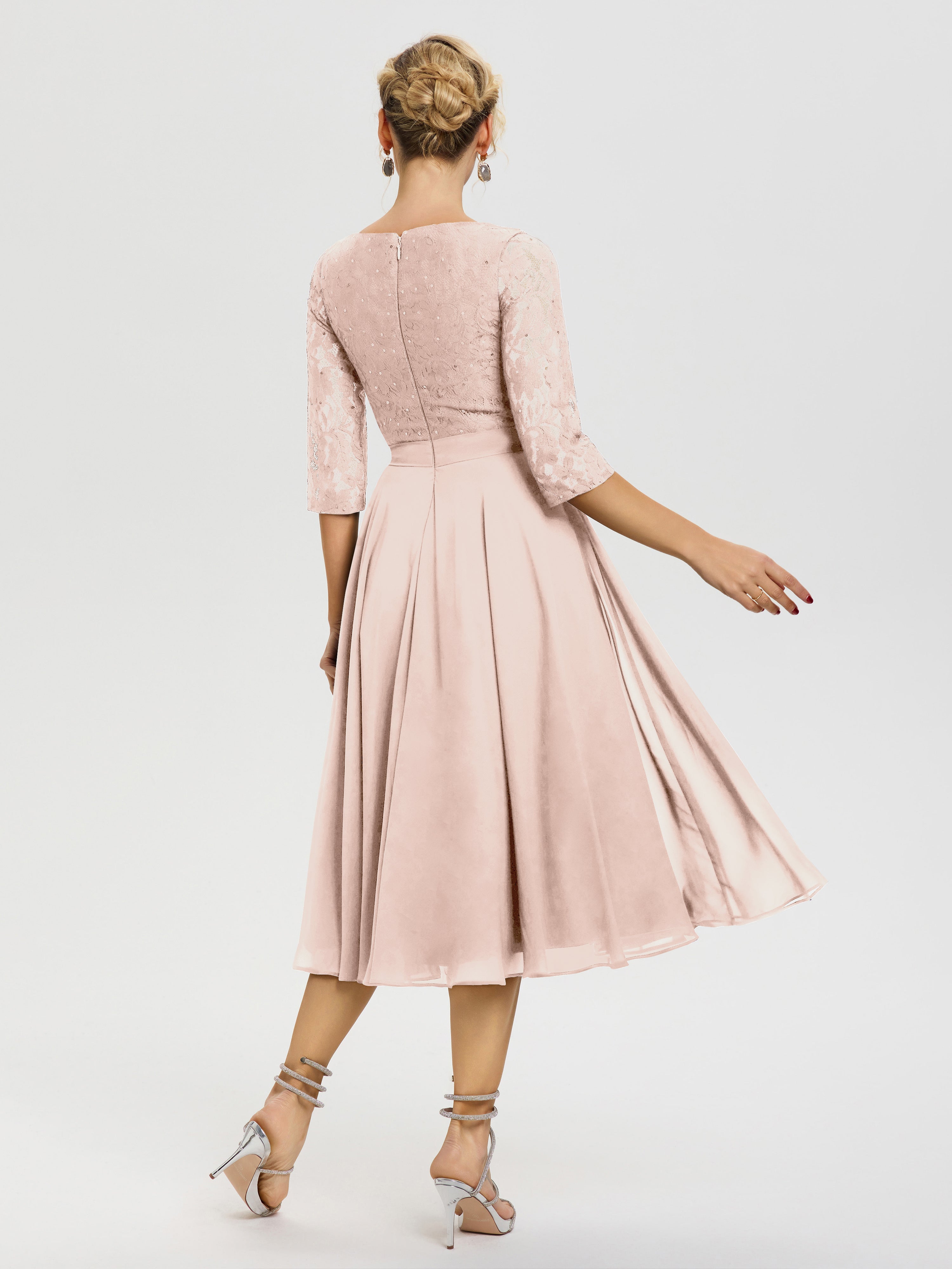 Robe Mariage Mère De La Mariée Rose Perle Col Rond Mousseline & Dentelle Robe Mère De La Mariée