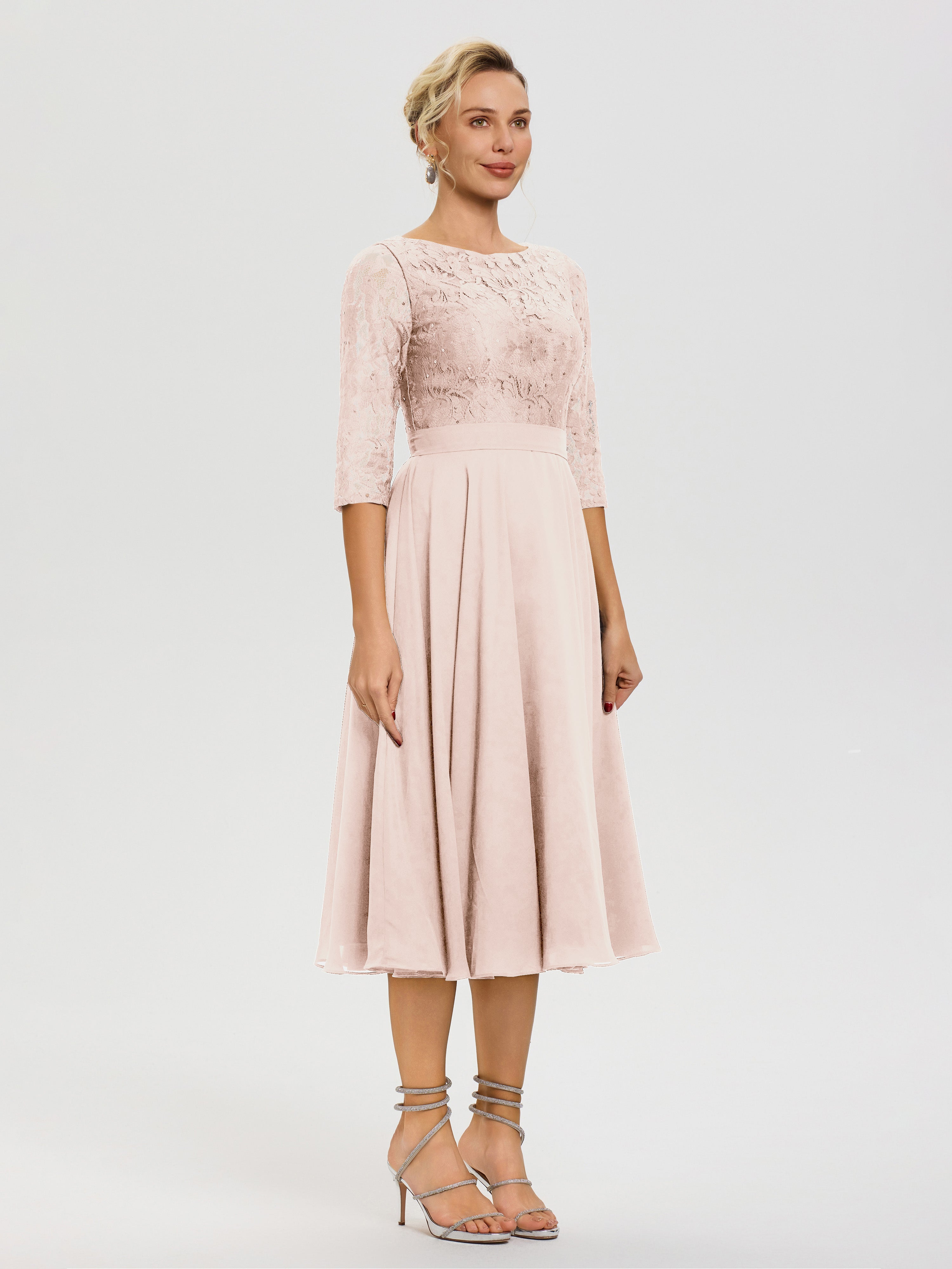 Robe Mariage Mère De La Mariée Rose Perle Col Rond Mousseline & Dentelle Robe Mère De La Mariée